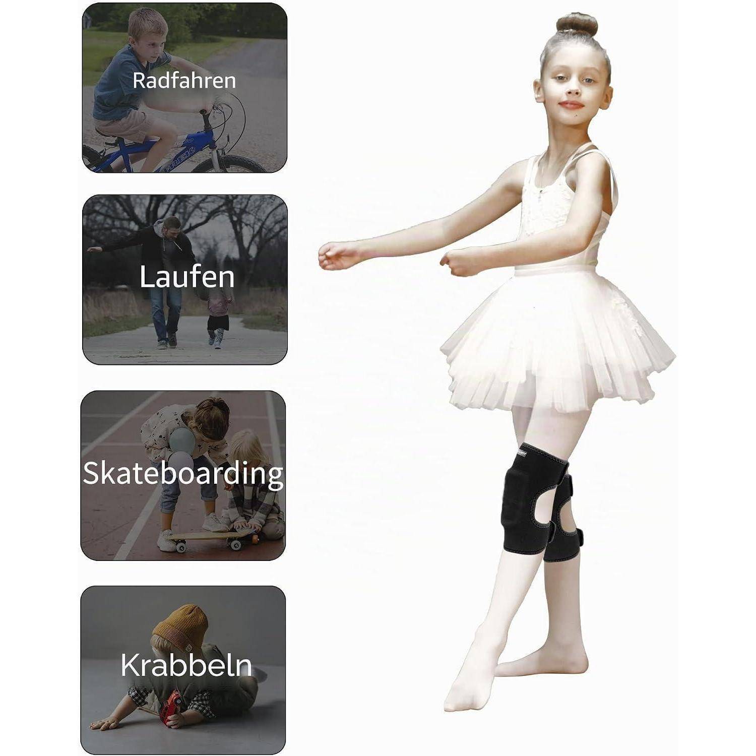 Junge Ballerina in weißem Tutu und Knieschonern posiert neben vier Aktivitätskacheln mit den Beschriftungen „Radfahren", „Laufen"", „Skateboarding"" und „Krabbeln"".