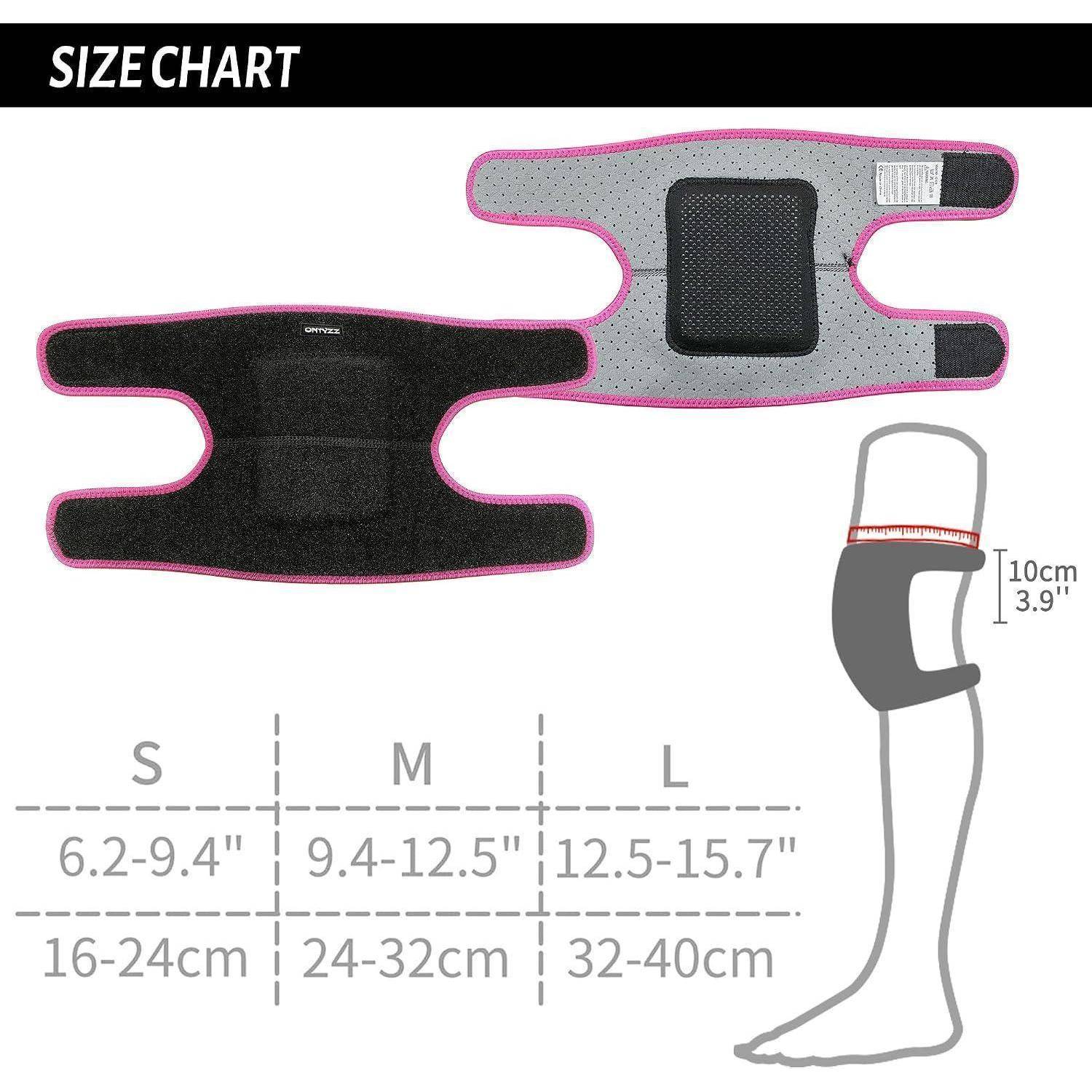 Größentabelle für eine Kniebandage mit S 6,2-9,4 Zoll/16-24 cm, M 9,4-12,5 Zoll/24-32 cm und L 12,5-15,7 Zoll/32-40 cm; Bandagenhöhe 10 cm.