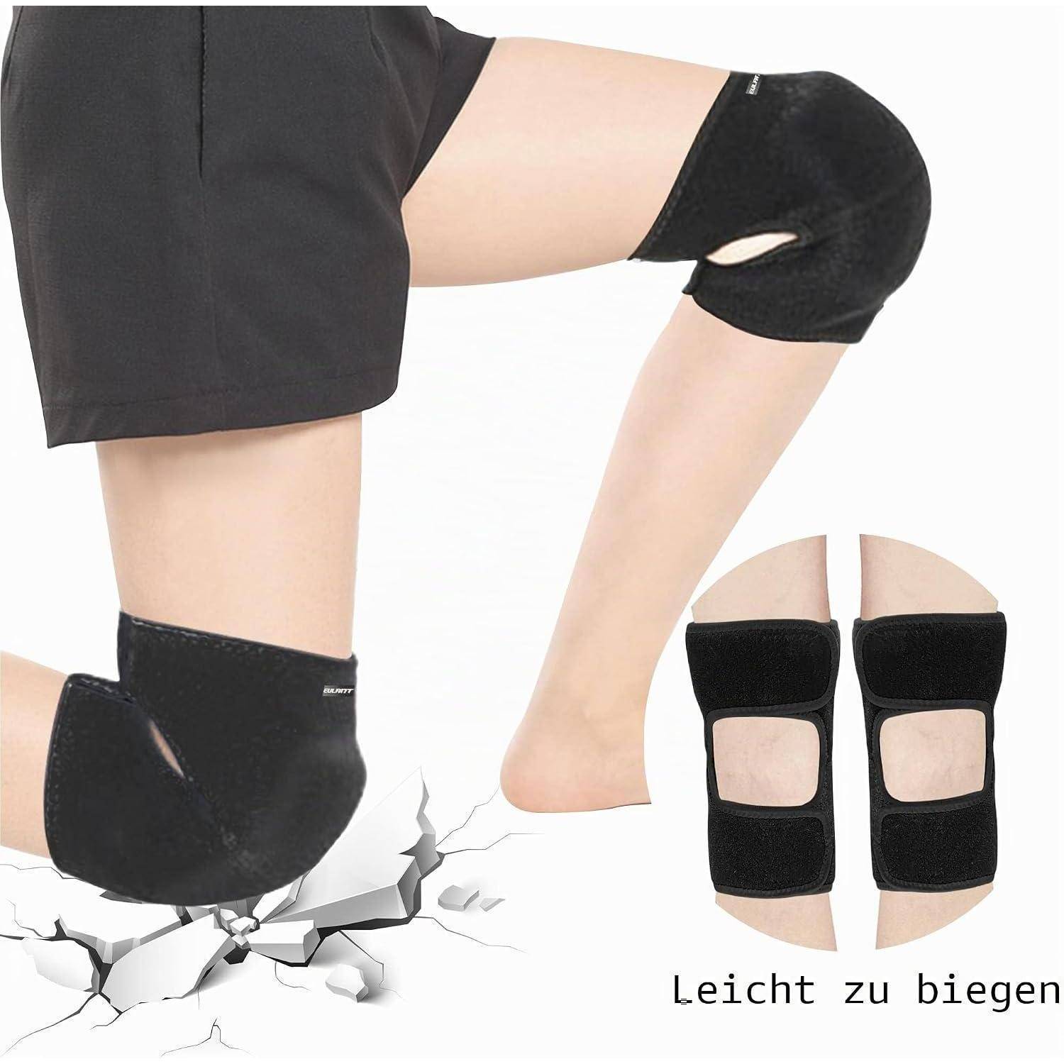 Schwarze Knie- und Fußgelenkstützen, die auf einem gebeugten Bein gezeigt werden, mit Rissbodengrafikgrafik, die Flexibilität veranschaulicht; Text sagt „Leicht zu biegen".