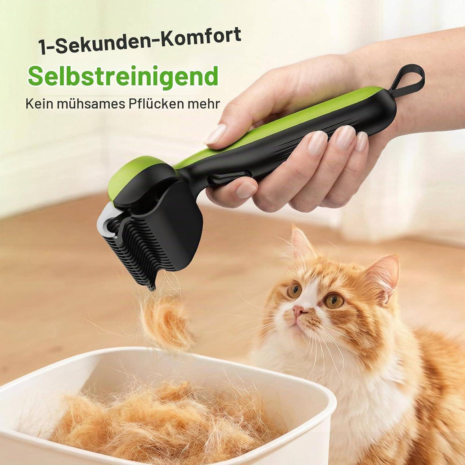 Hand hält eine selbstreinigende Katzenbürste über eine flauschige orange Katze und einen Behälter mit Fell, mit deutschen Texten „1-Sekunden-Komfort