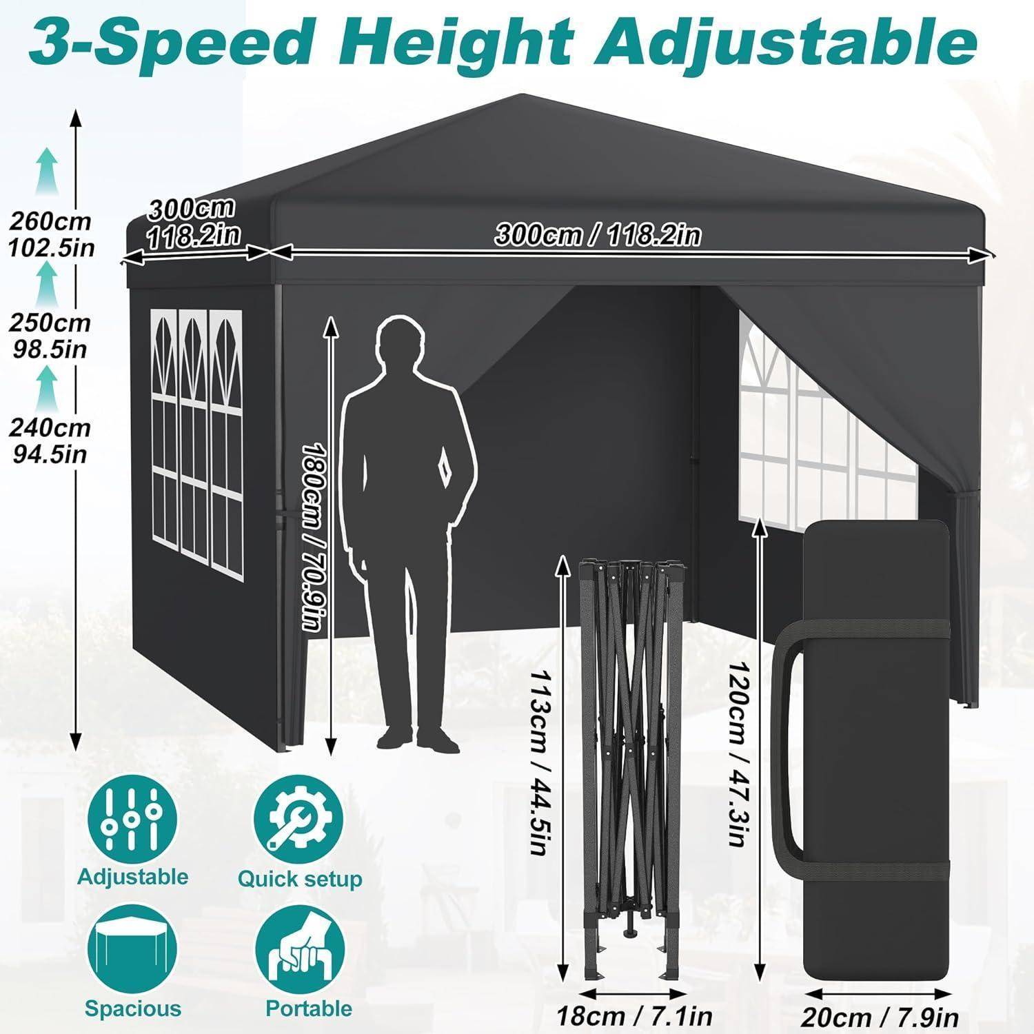 Diagramm eines 3-Gang höhenverstellbaren Pop-Up-Baldachins mit Zelt, das Abmessungen zeigt (300 cm breit, 240-260 cm hoch) und Funktionen wie Schnellaufbau, großzügiges Inneres und Tragbarkeit.