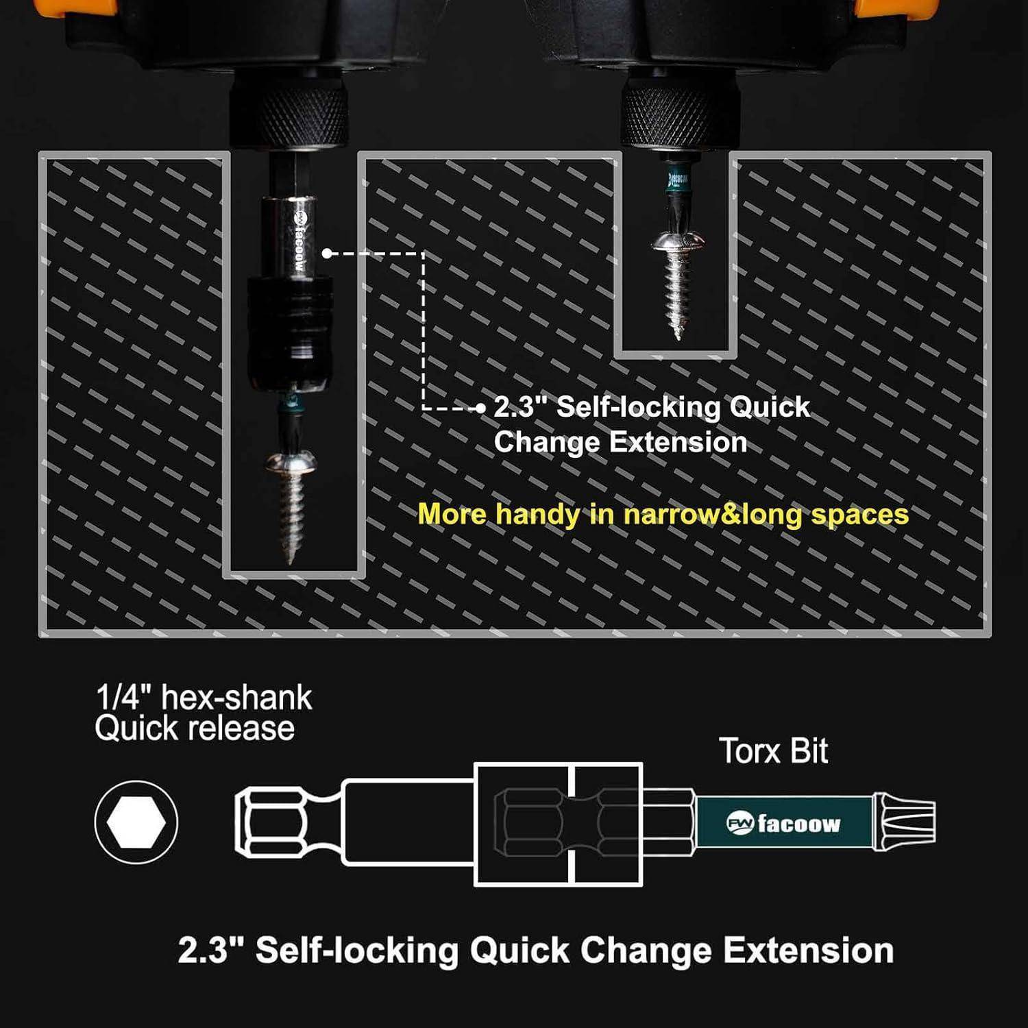 Diagramm einer 2,3-Zoll-Selbstsperr-Schnellwechsel-Verlängerung, die einen Bit zeigt, der in enge Räume mit 1/4-Zoll-Sechskant-Schnellverschluss und Torx-Bit eindringt.