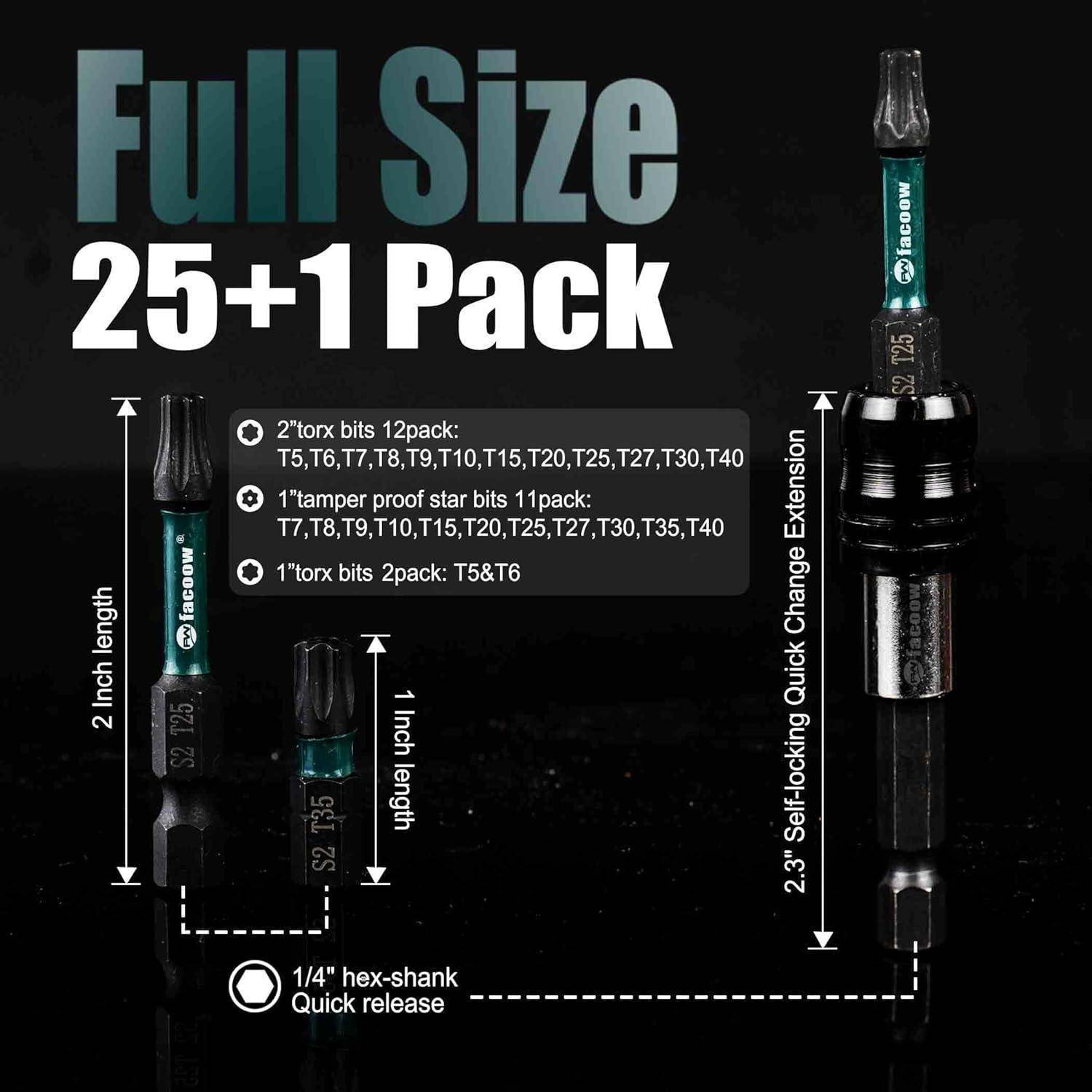 Infografik eines 25+1 Vollformat-Bitsets mit 2-Zoll-Bits, 1-Zoll-Bits, 1/4-Zoll-Sechskant-Schnellwechsel und einer selbstsperrenden Schnellwechsel-Verlängerung.