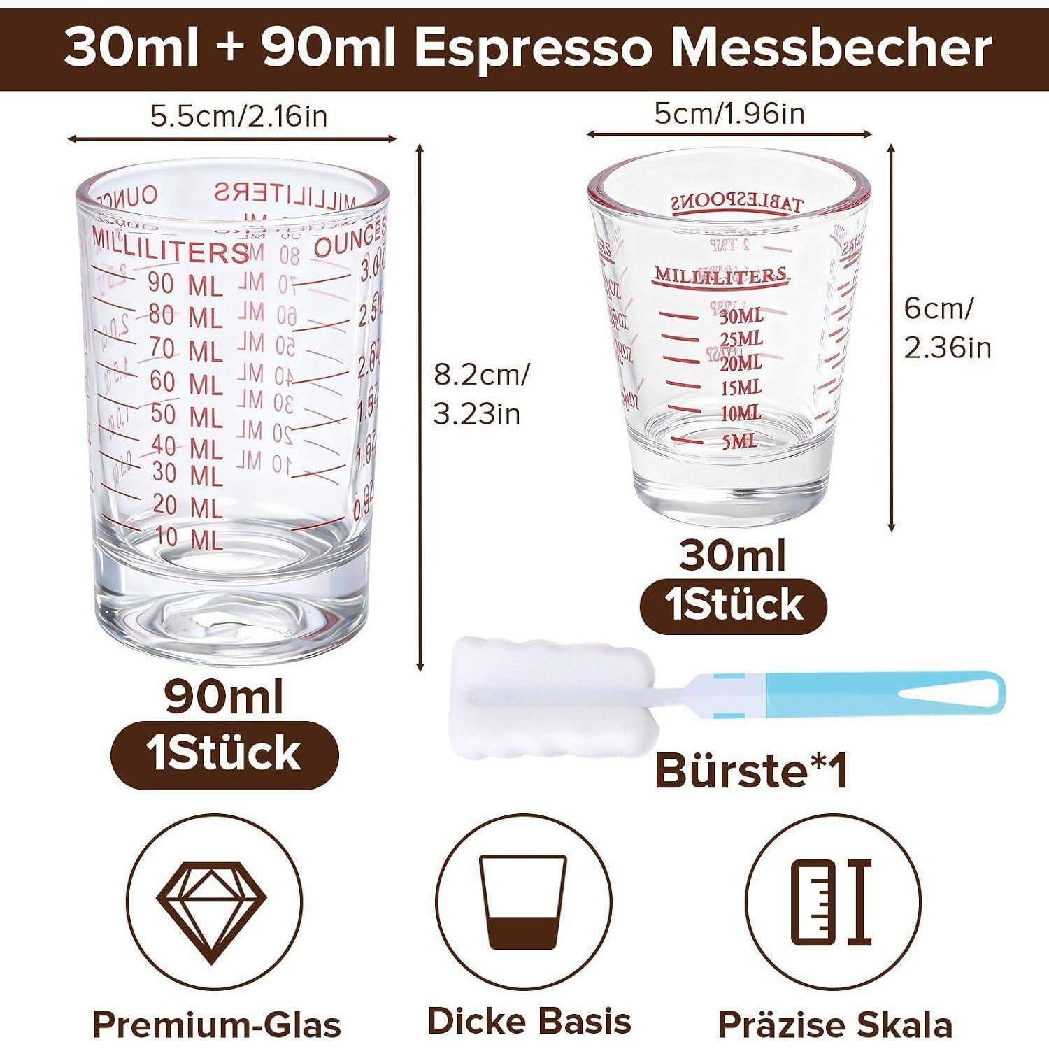Produktbild von zwei Glas-Espresso-Schnapsgläsern zum Abmessen, beschriftet mit 90 ml und 30 ml, mit Messskalen, Abmessungen und einer im Lieferumfang enthaltenen Reinigungsbürste.