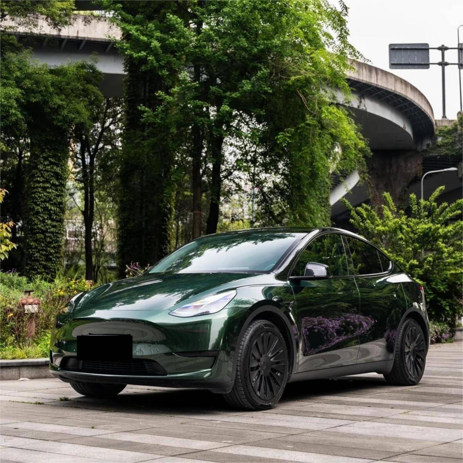 Dunkelgrüne Tesla-Limousine, geparkt auf einem gepflasterten Weg neben üppigen Bäumen, mit einer erhöhten Autobahn im Hintergrund.