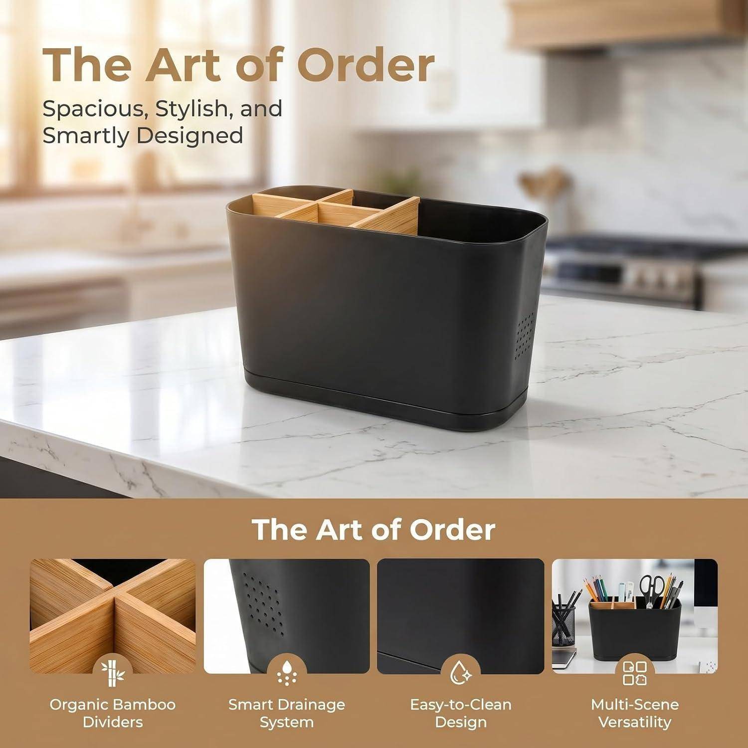 Schwarzer Arbeitsplattenorganizer mit Bamboo-Trennwänden, gezeigt in einer Küche, mit der Bezeichnung „The Art of Order