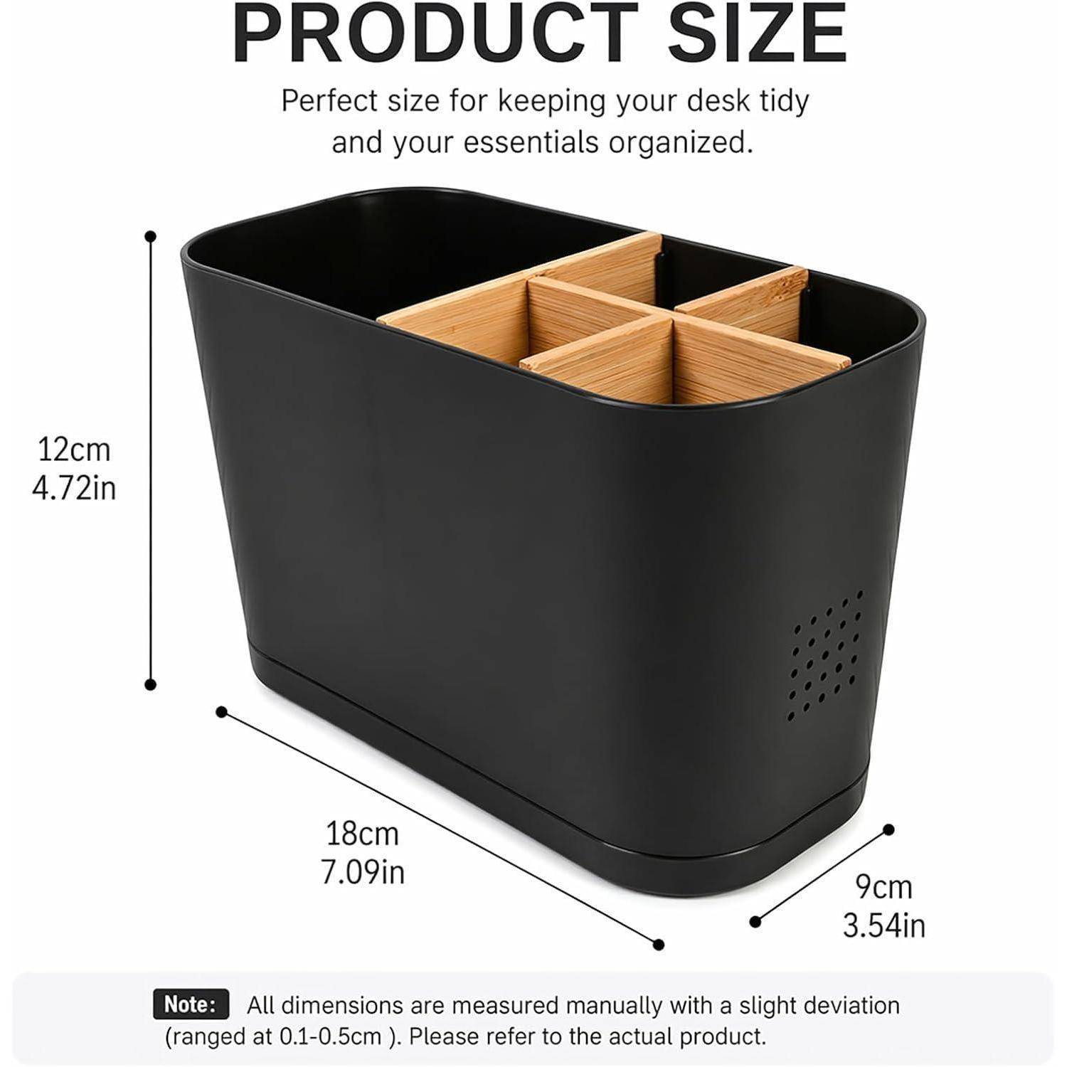 Größendiagramm eines schwarzen Schreibtischorganizers mit Bamboo-Fächern, mit den Beschriftungen 12 cm Höhe, 18 cm Länge und 9 cm Breite.