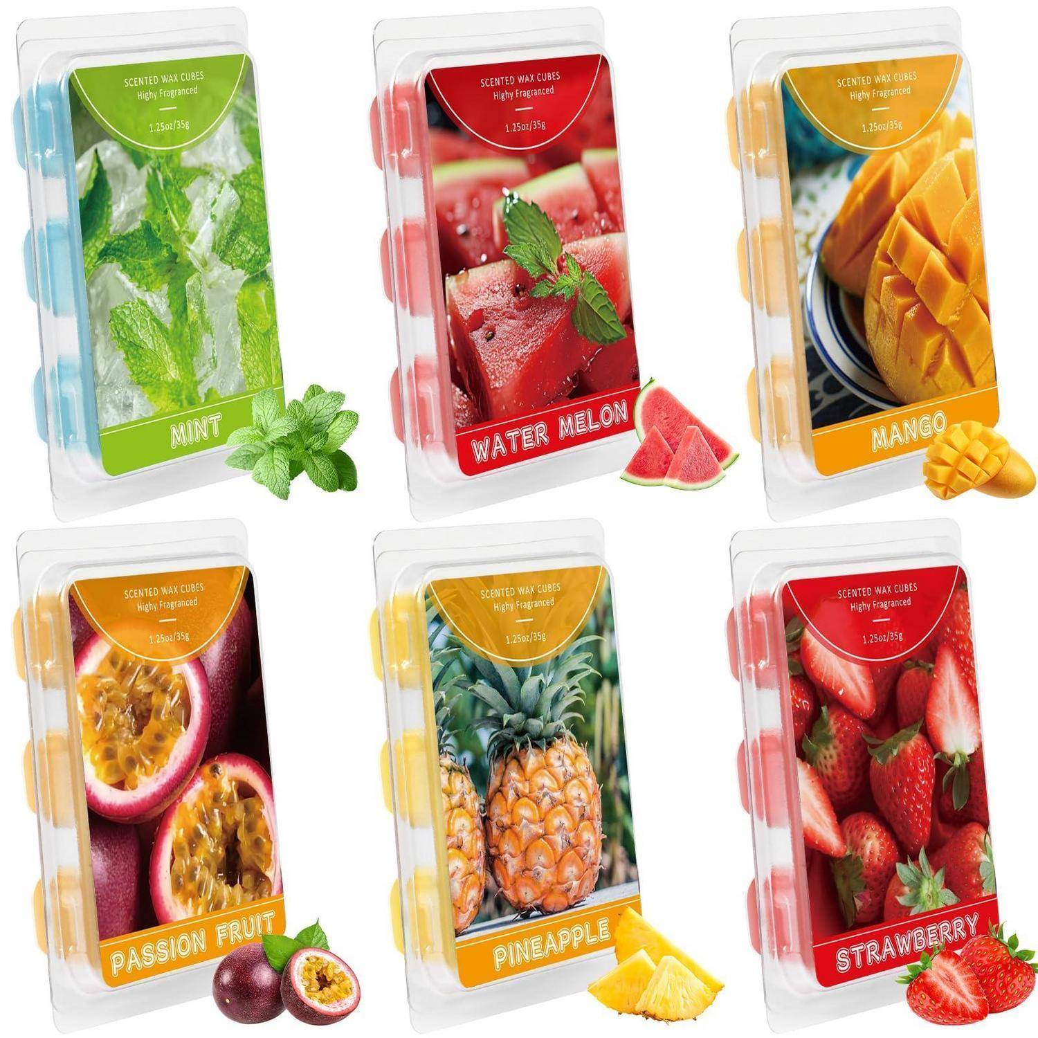 Sechs verpackte Eis am Stiel mit Obst und Minze, in Kunststoffbehältern präsentiert, mit den Bezeichnungen Minze, Wassermelone, Mango, Maracuja, Ananas und Erdbeere.