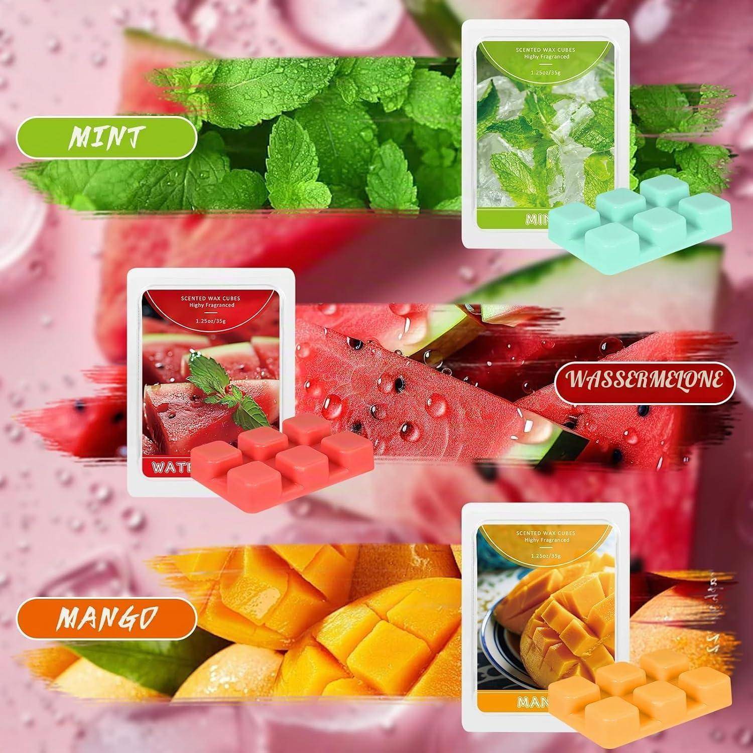 Drei fruchtduftende Wachsschmelz-Sets mit Verpackung und Würfeln: Minze, Wassermelone und Mango.
