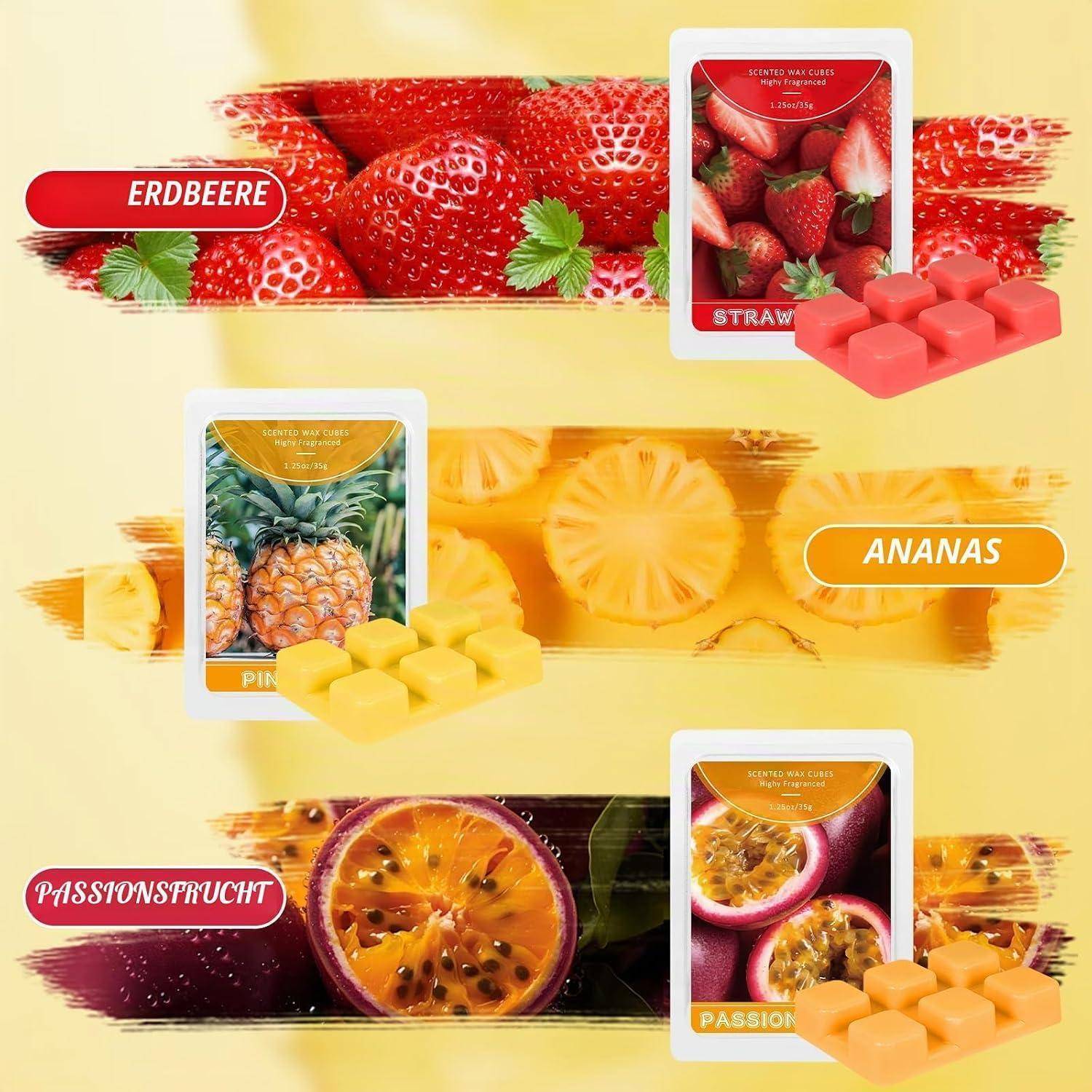 Werbeabbildung von fruchtigen Gummiwürfeln in Erdbeere, Ananas und Maracuja, jeweils mit passender Fruchtverpackung und deutschen Geschmacksbezeichnungen gezeigt.