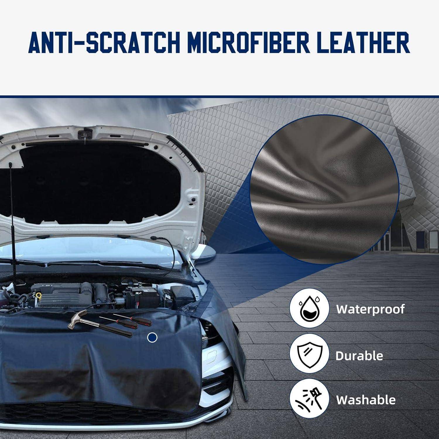 Werbung für kratzfestes Mikrofaser-Leder, das ein mit dem Material bedecktes Auto zeigt und mit Symbolen gekennzeichnet ist, die wasserfest, langlebig und waschbar beschriften sind.