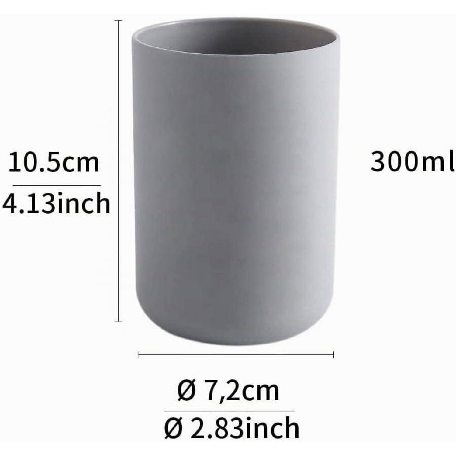 Grauer zylindrischer Becher mit Abmessungen: 10,5 cm Höhe, 7,2 cm Durchmesser und 300 ml Fassungsvermögen.