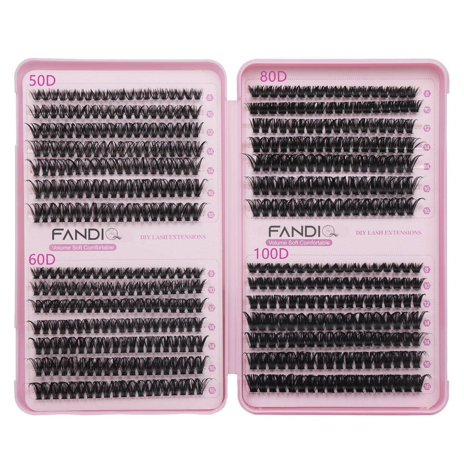 Rosa Wimpernverlängerungs-Tabletts zeigen mehrere schwarze künstliche Wimpernbüschel mit den Bezeichnungen 50D, 60D, 80D und 100D.