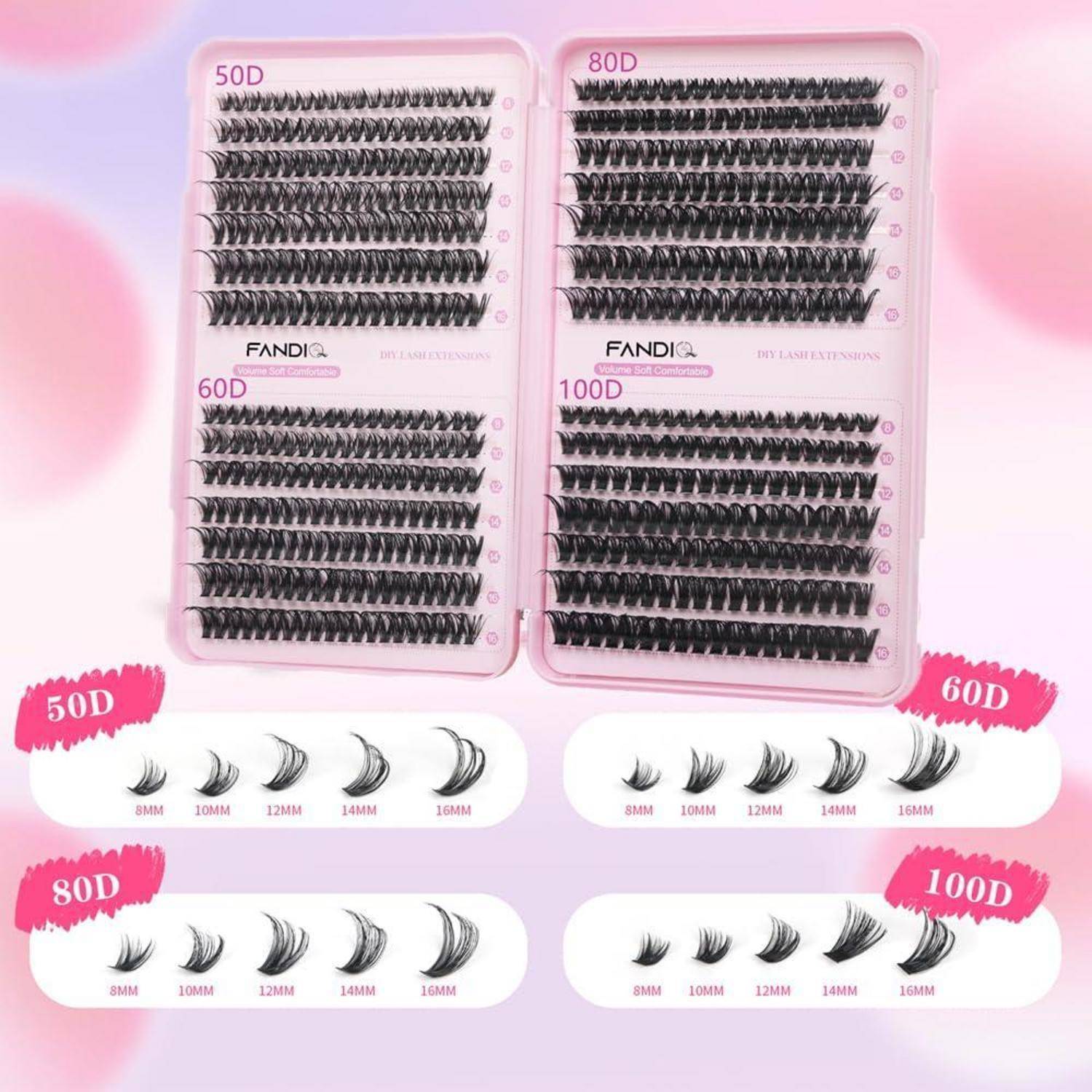 Rosa Wimpernverlängerungs-Tablett mit vier Lockungstypen, gekennzeichnet als 50D, 60D, 80D und 100D, mit Größenbeispielen von 8mm bis 14mm.