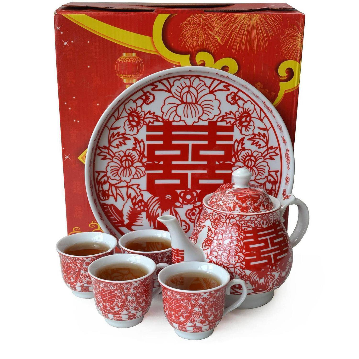 Rotes chinesisches Hochzeitstee-Set mit Tablett, Teekanne, vier Tassen und Geschenkbox mit dem Doppelglück-Symbol.
