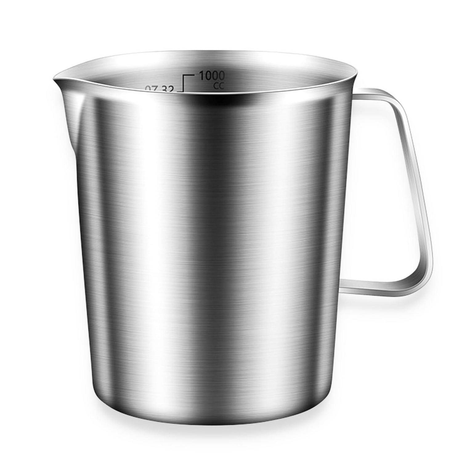 Messbecher aus Edelstahl mit Griff, Markierungen bis 1000 ml.