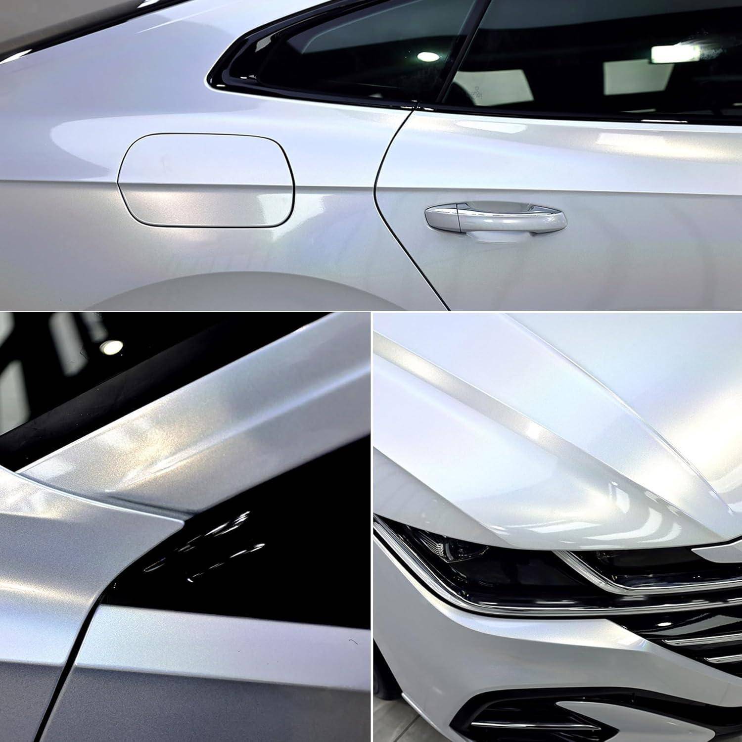 Collage der Außenseite eines silbernen Autos mit Nahaufnahmen der hinteren Tür, der Tankklappe, der Karosseriefuge und des vorderen Scheinwerfers.