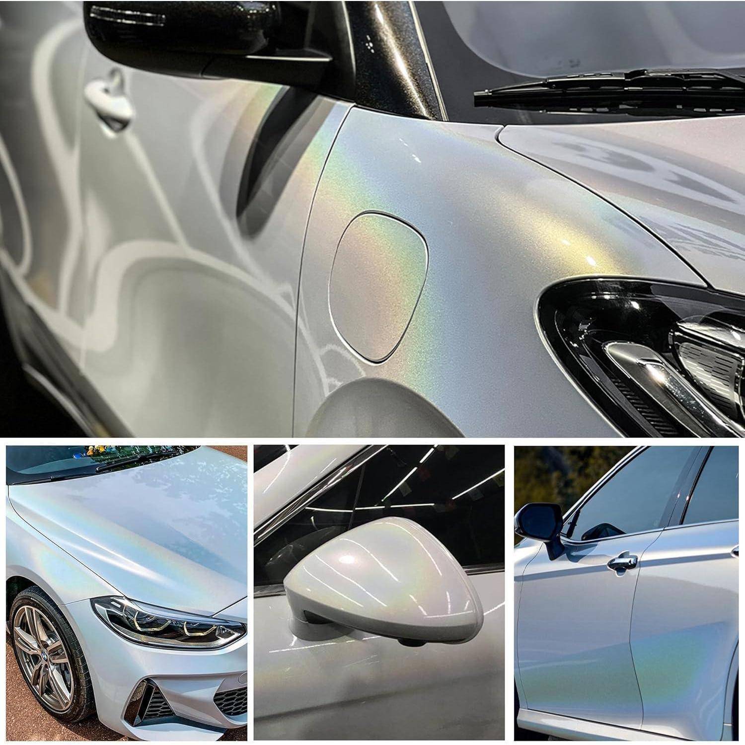 Collage eines silbernen Autos mit einer irisierenden, farbwechselnden Lackierung auf der Karosserie, der Motorhaube, dem Seitenspiegel und der Front.