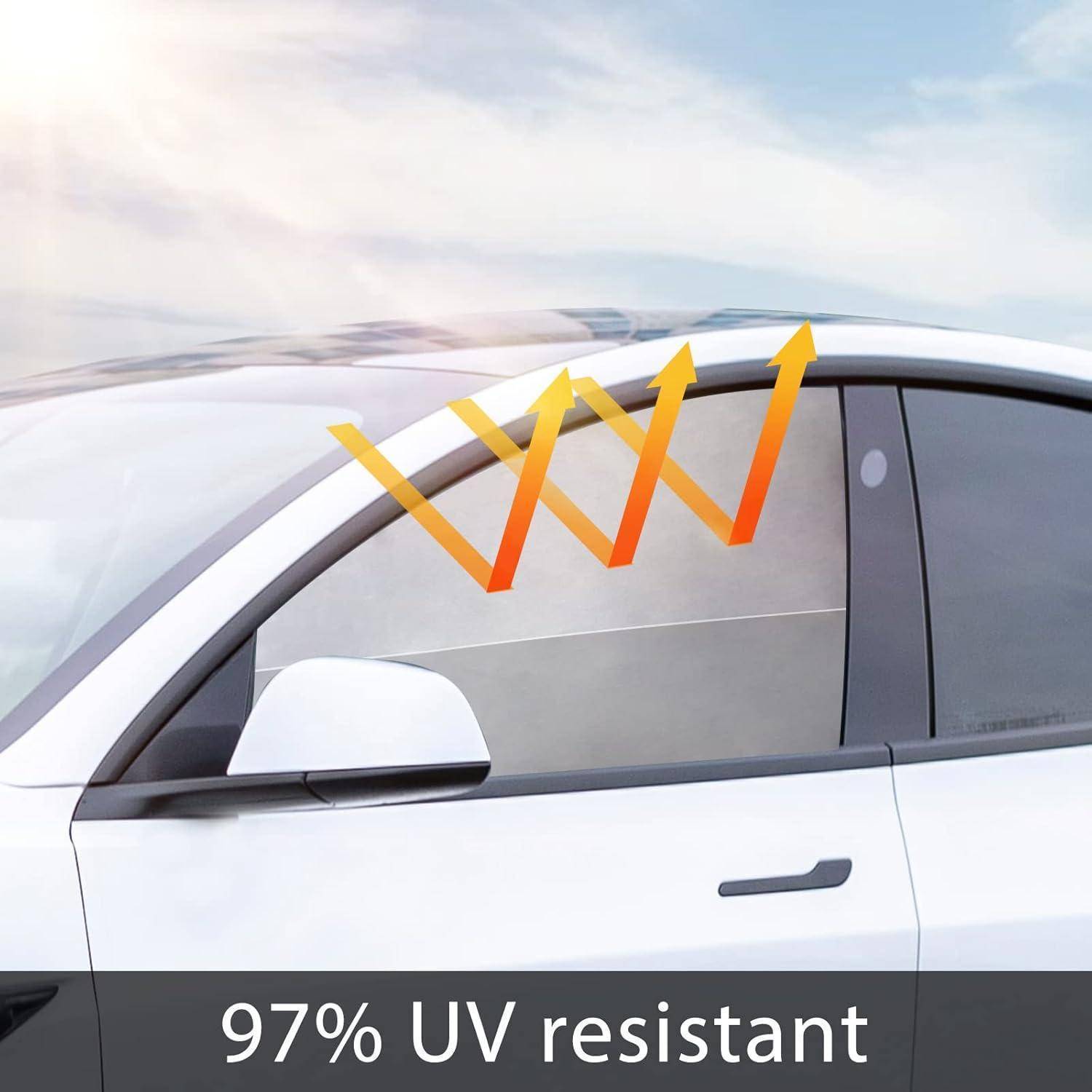 Seitenansicht eines Autos mit getönten Fenstern und Pfeilen, die UV-Schutz anzeigen, mit der Beschriftung 