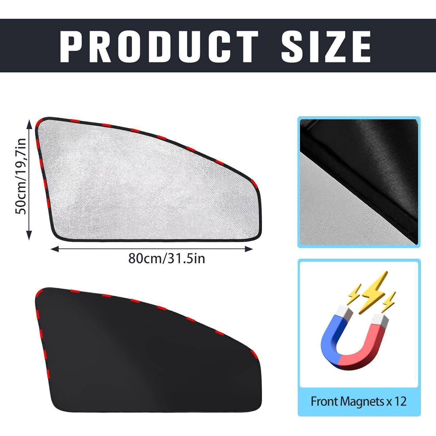 Produktgrößendiagramm für eine Autoscheiben-Sonnenschutzblende mit einer verjüngten Form, Maße 80 cm breit mal 50 cm hoch und 12 Frontmagnete.