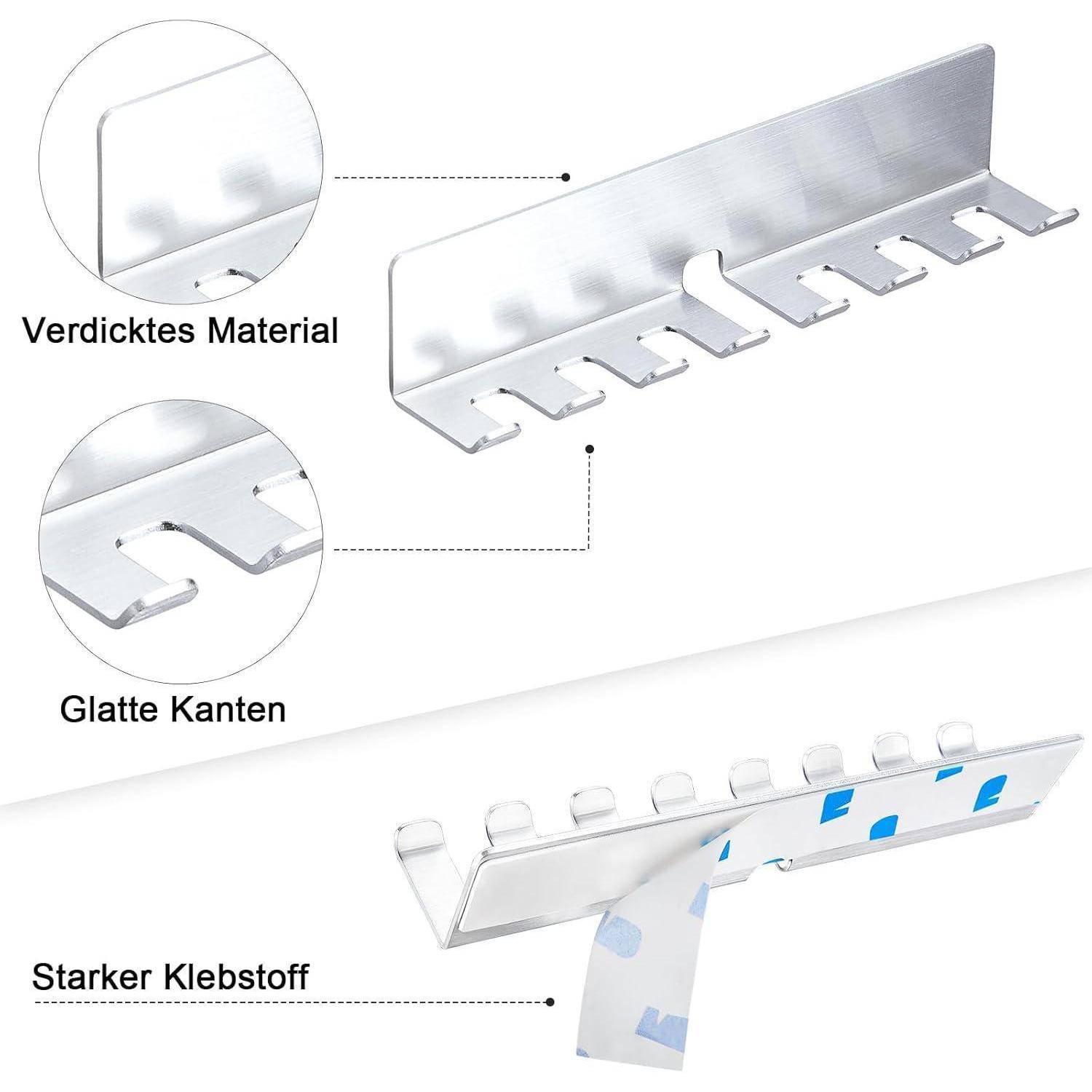 Illustration eines Metallkabelclips mit Beschriftungen in Deutsch, die verstärktes Material, glatte Kanten und starke Klebstoffrückseite hervorheben.
