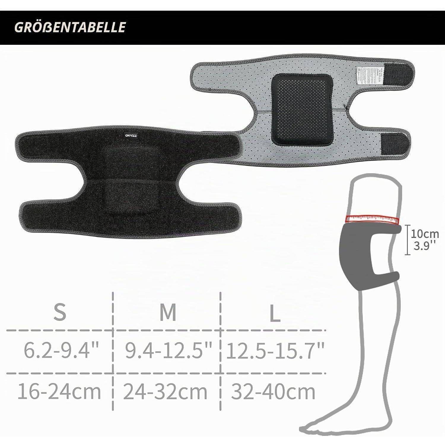Größentabelle für eine Kniestütze: S 6,2-9,4 Zoll 16-24 cm, M 9,4-12,5 Zoll 24-32 cm, L 12,5-15,7 Zoll 32-40 cm; am Bein gezeigt