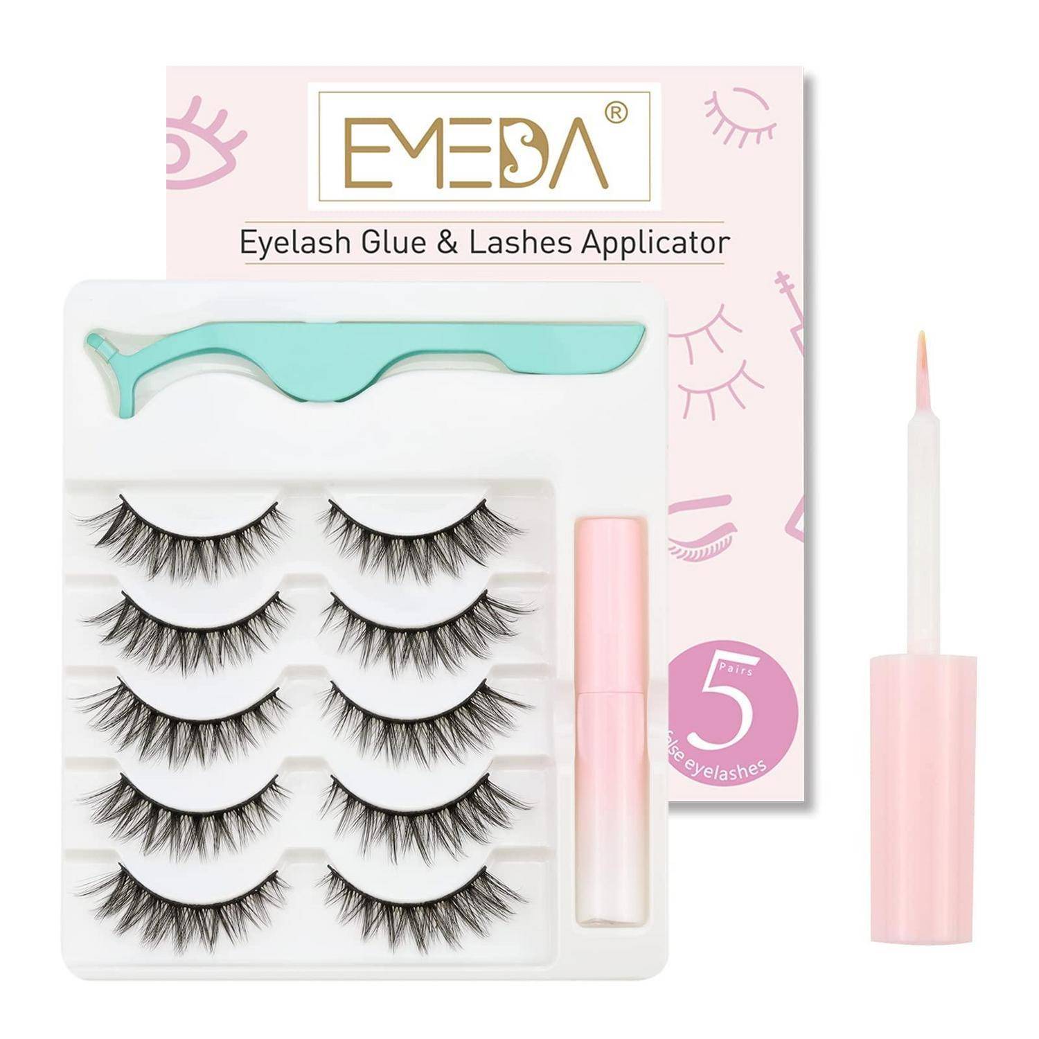 EMEDA Wimpernkleber und Wimpernanbringer-Set mit einem türkisfarbenen Anbringer, fünf Paar künstlichen Wimpern, rosafarbener Klebertubus und rosafarbener Anbringerbürste
