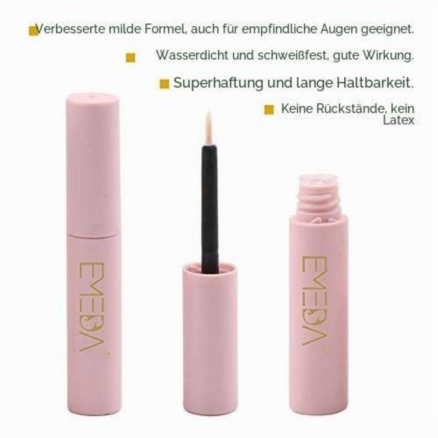 Rosa Mascara-Tube dargestellt geschlossen, offen mit Applikator und offener Behälter; deutscher Text hebt milde Formel, wasserfest, starken Halt und keine Latexrückstände hervor.