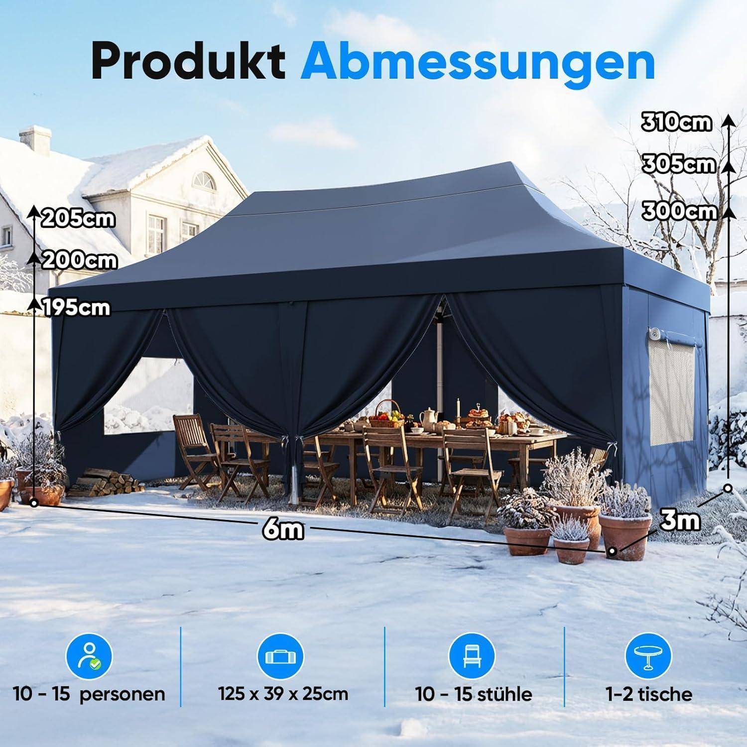 Abbildung eines blauen Baldachninzelts mit Produktabmessungen: 6 m breit, 3 m tief, 195-205 cm hoch, 300-310 cm Spitzenhöhe; fasst 10-15 Personen, 10-15 Stühle, 1-2 Tische.