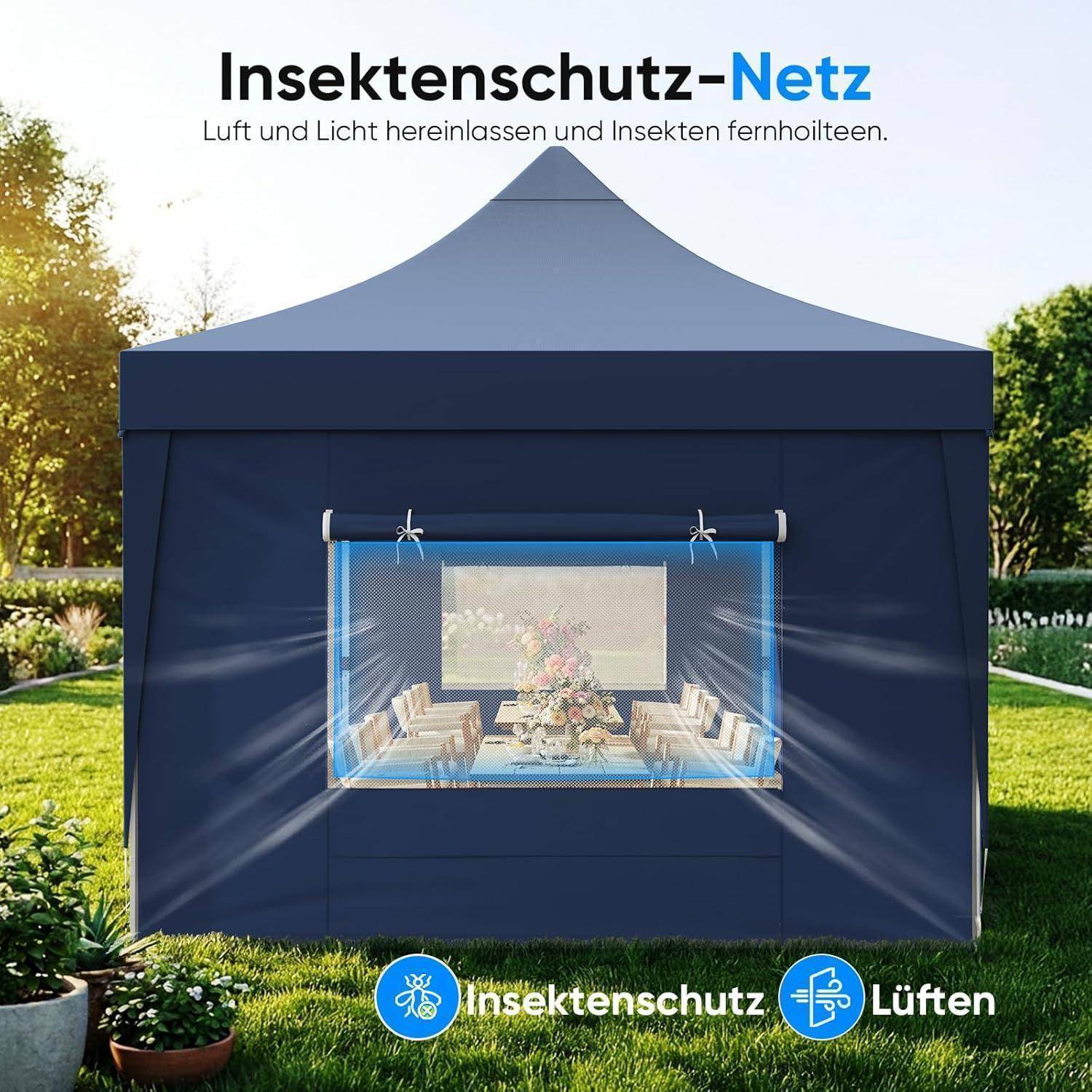 Blauweißes Gartenpavillonzelt mit Fliegengitter-Fenster, bezeichnet als 'Insektenschutz-Netz'; zeigt Belüftung, während Insekten draußen bleiben.