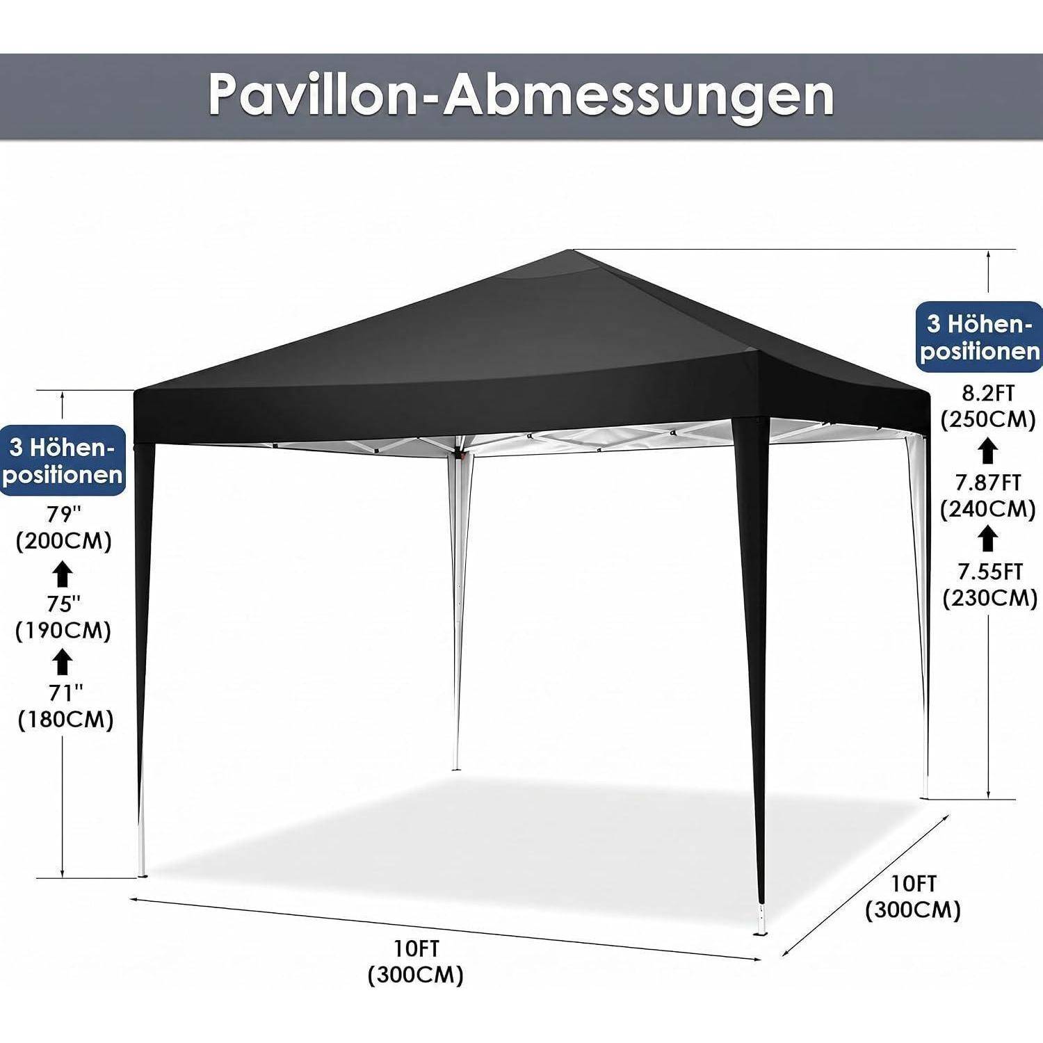 Diagramm eines quadratischen Pavillon-Baldachins mit der Bezeichnung „Pavillon-Abmessungen", das eine Grundfläche von 10 ft × 10 ft und drei Höheneinstellungen zeigt: 71, 75 und 79 Zoll.