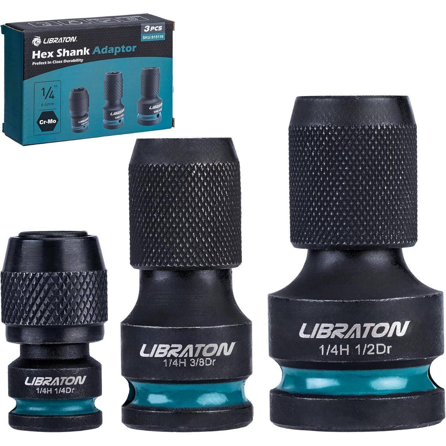 Produktbild von drei schwarzen LIBRATON Hex-Schaft-Steckernippeln, dargestellt mit Einzelhandelsverpackung mit der Aufschrift „Hex Shank Adaptor