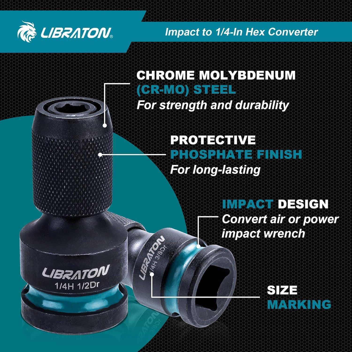 Produktgrafik eines LIBRATON-Schlagschrauber-Adapters für 1/4-Zoll-Sechskantaufnahme, zeigt Chrom-Molybdän-Stahl, Phosphatbeschichtung, Schlagschrauber-Design und Größenmarkierung.