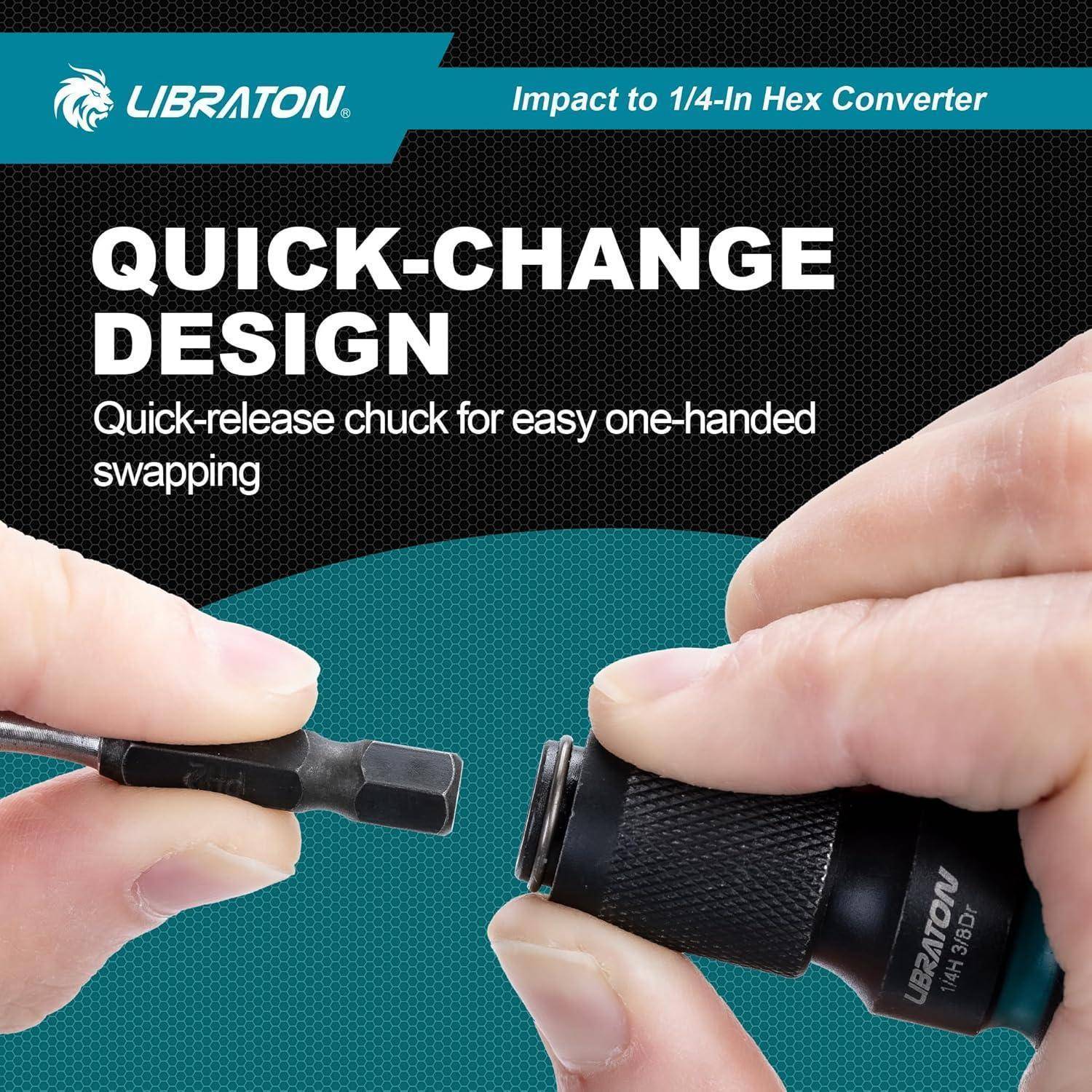 Werbung für LIBRATON Schlagschrauber-zu-1/4-Zoll-Sechskant-Umwandler mit „QUICK-CHANGE-DESIGN
