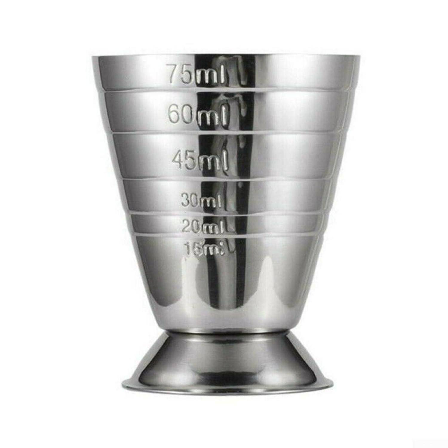 Edelstahl-Messbecher mit geprägten Markierungen von 15 ml bis 75 ml.