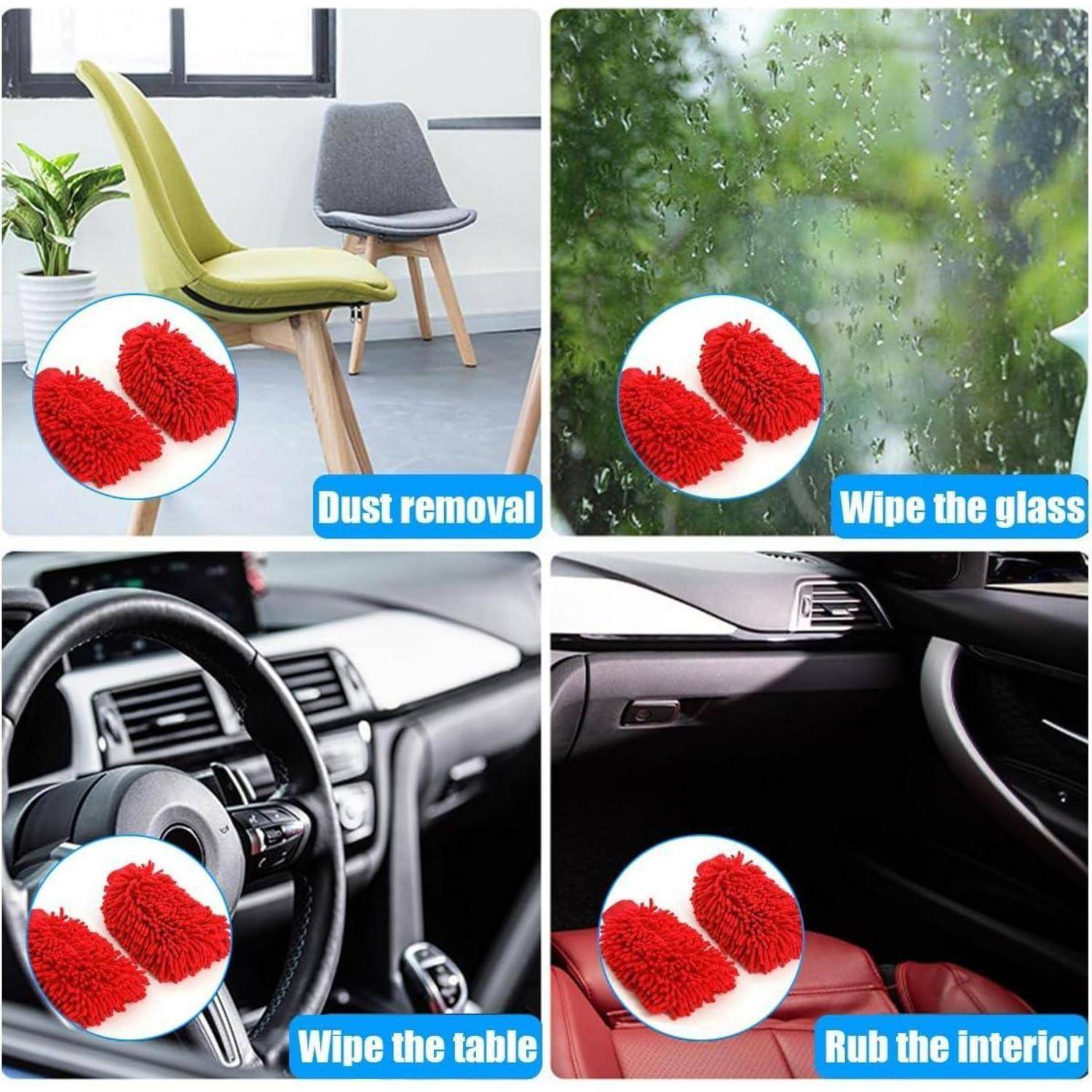 Vierteiliges Angebot mit roten Mikrofaser-Staubtüchern zum Entfernen von Staub, zum Abwischen von Glas, zum Reinigen eines Autodashboards und zum Reiben der Autoinnenausstattung.
