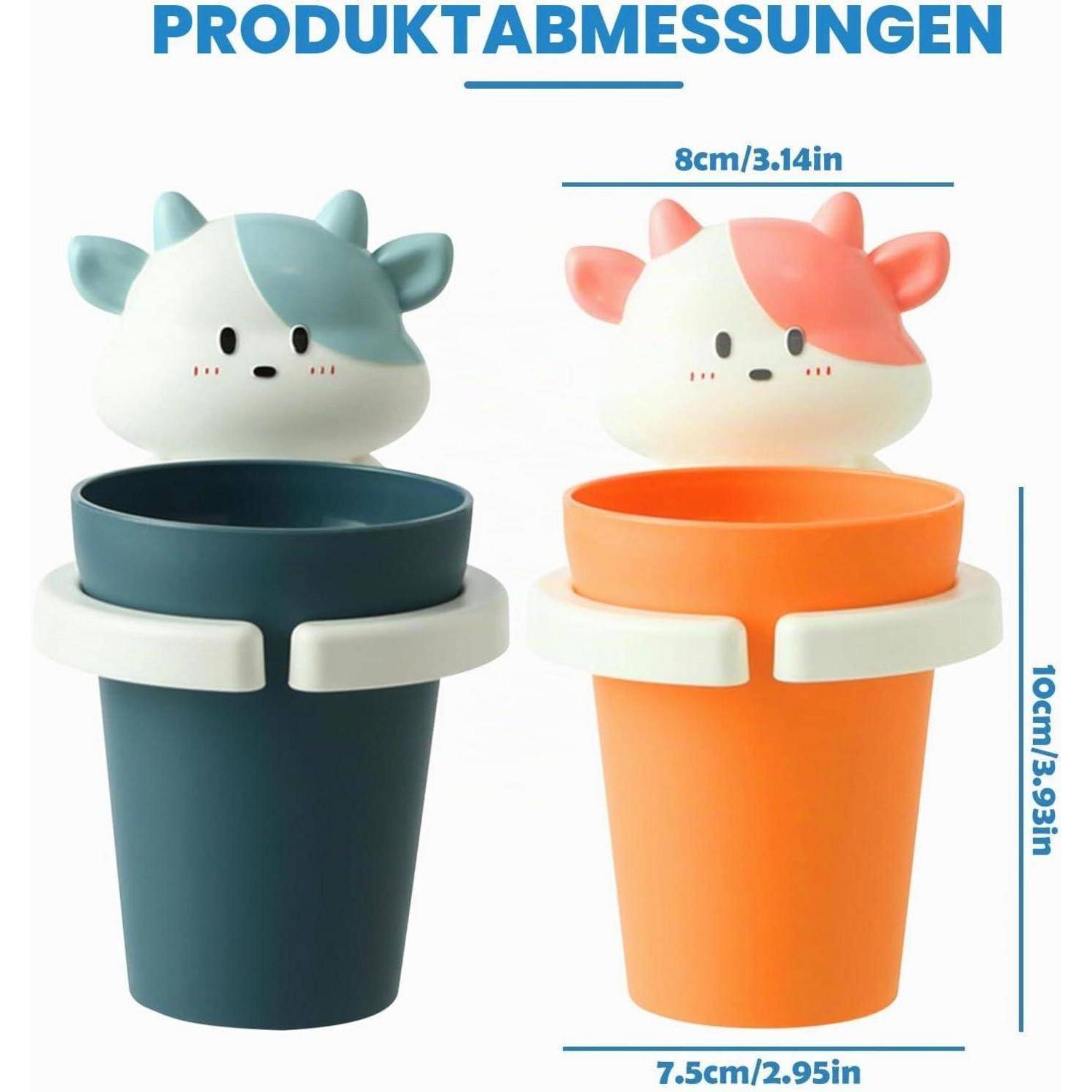 Produktabmessungs-Grafik zeigt zwei niedliche Tierkopf-Blumentöpfe in Blaugrün und Orange, beschriftet mit 8 cm breit und 10 cm hoch, mit Sockelbreite 7,5 cm.