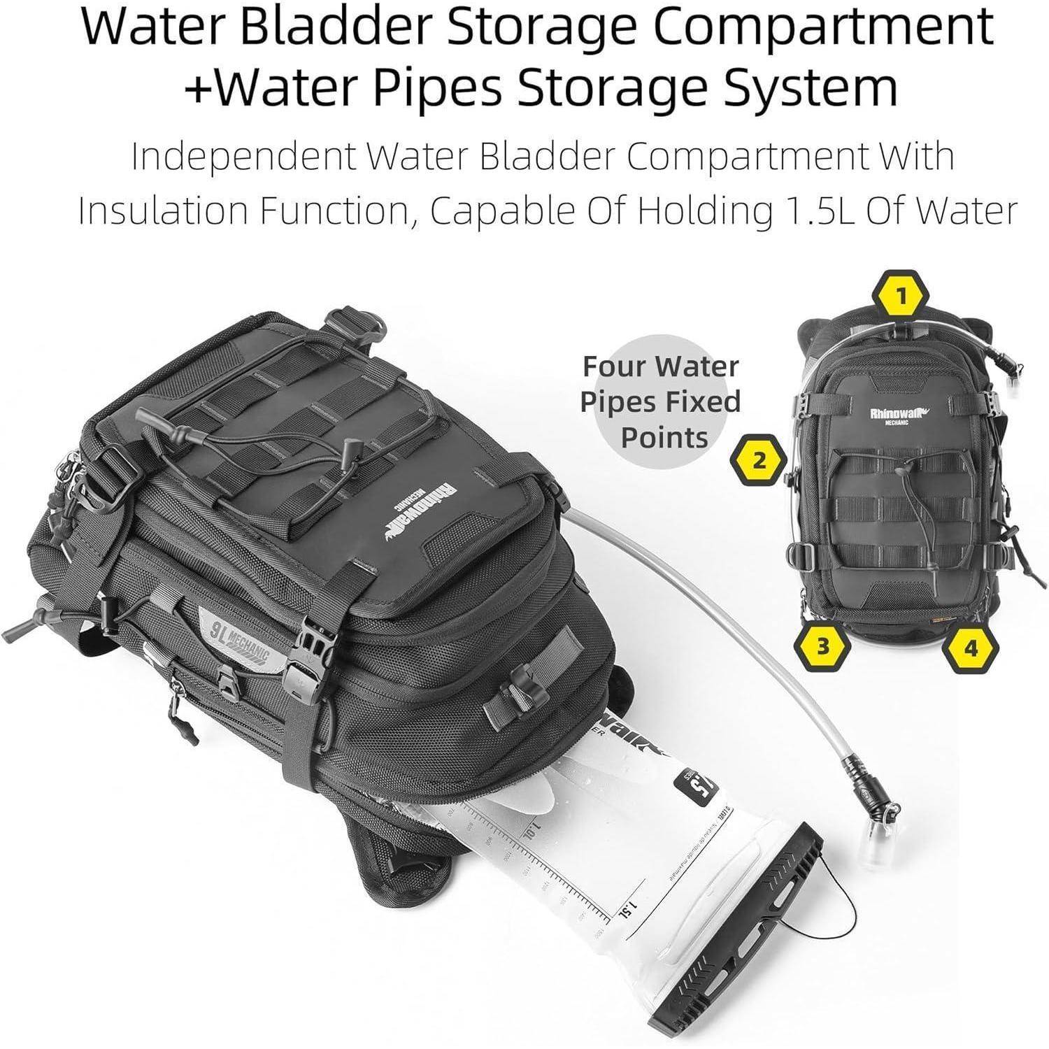 Rucksack mit integrierter 1,5-l-Wasserbehälter und Schlauchsystem, mit vier feststehenden Rohranschlüssen und Aufbewahrungsfach für Hydratisierungszwecke.