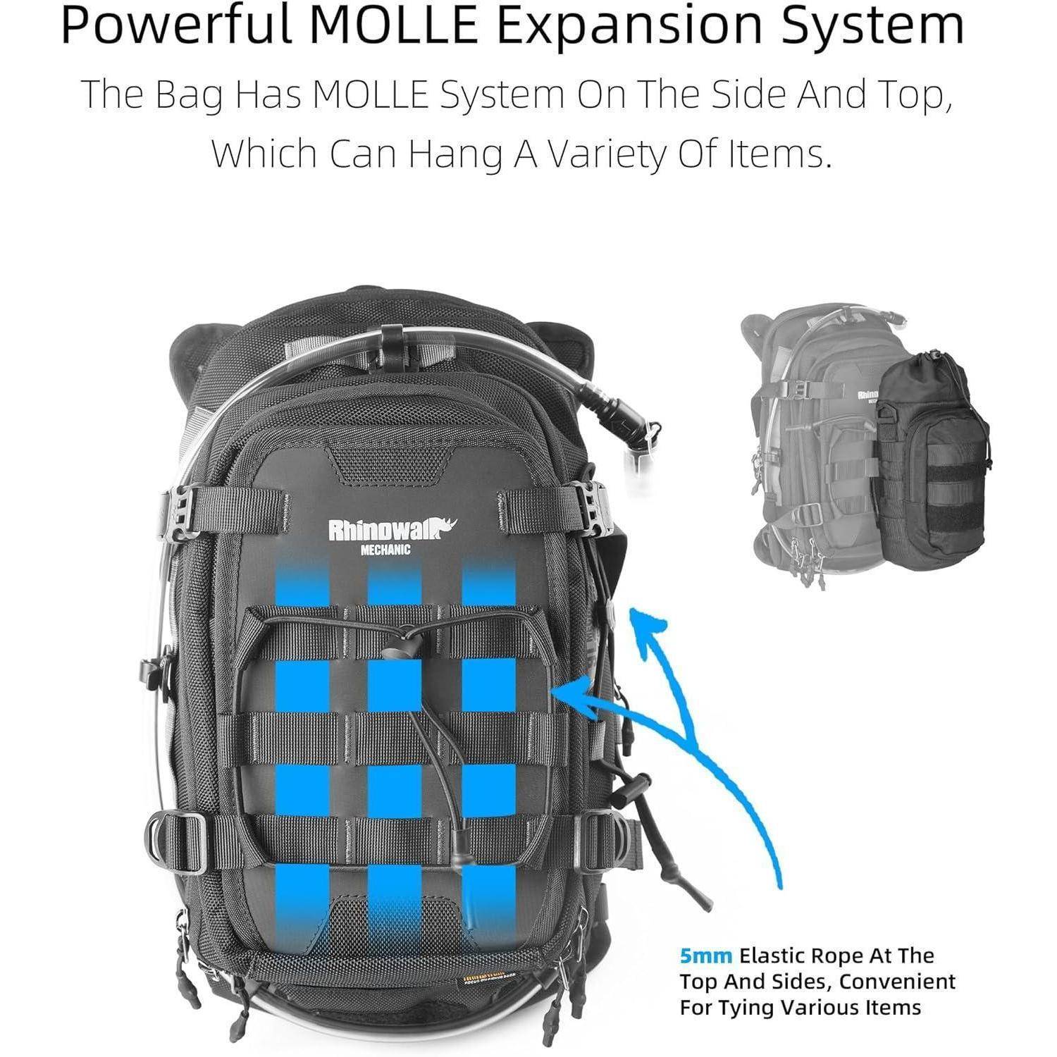 Schwarzer Rucksack mit MOLLE-Webbing an der Vorderseite, den Seiten und der Oberseite zum Anbringen oder Befestigen von Ausrüstung; Beschriftungspfeile heben die Befestigungspunkte hervor.