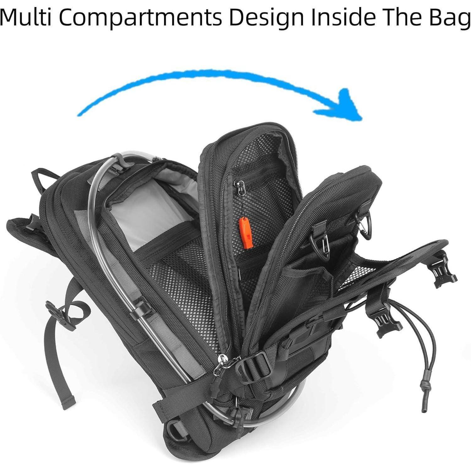 Schwarzer Rucksack, offen dargestellt, um mehrere innere Fächer und Netztaschen zu zeigen, mit dem Text „Multi-Fach-Design im Inneren der Tasche" darüber.