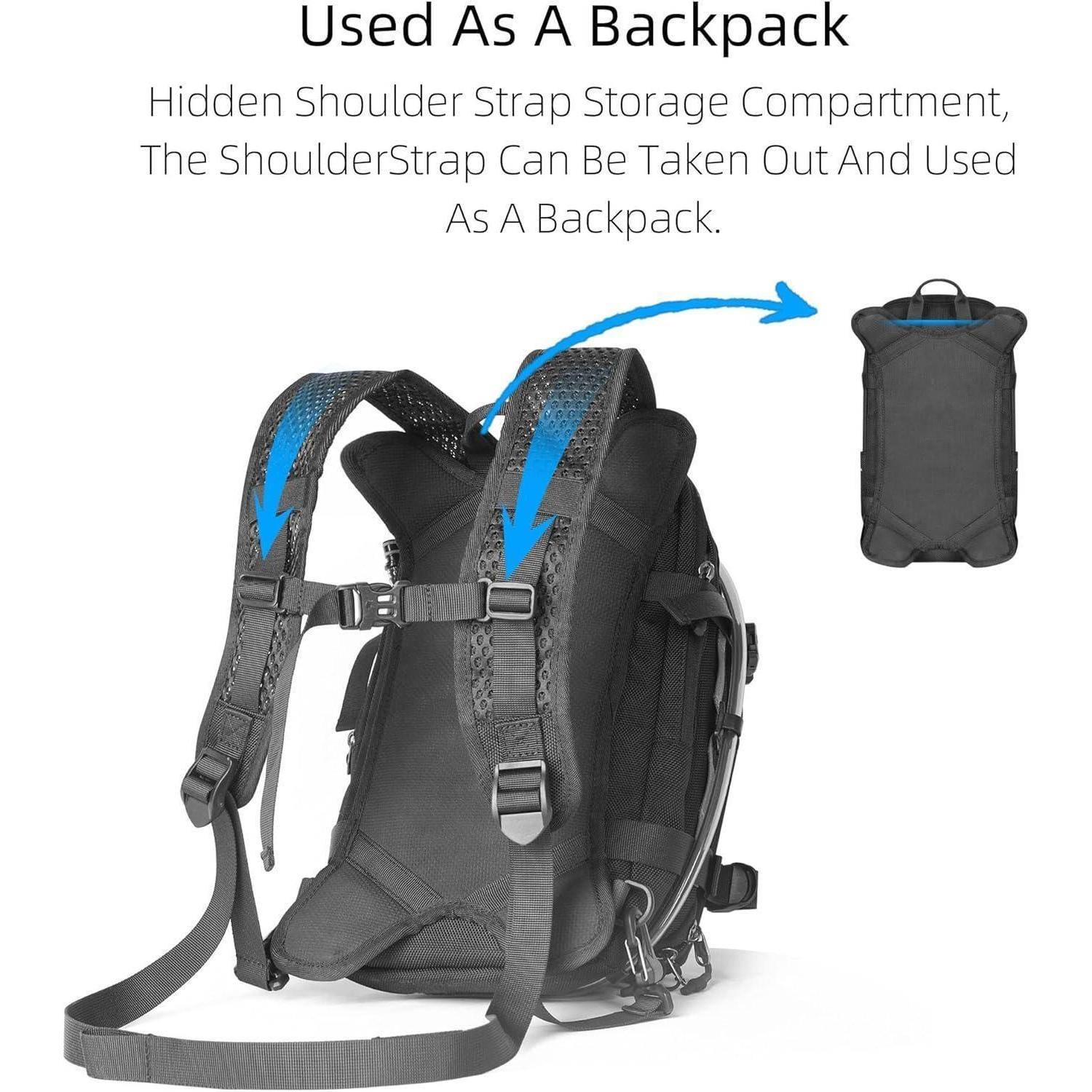 Rucksack mit verstautem Schultergurt-Speicher; Gurte können entfernt und zum Tragen der Tasche wie ein Rucksack verwendet werden.