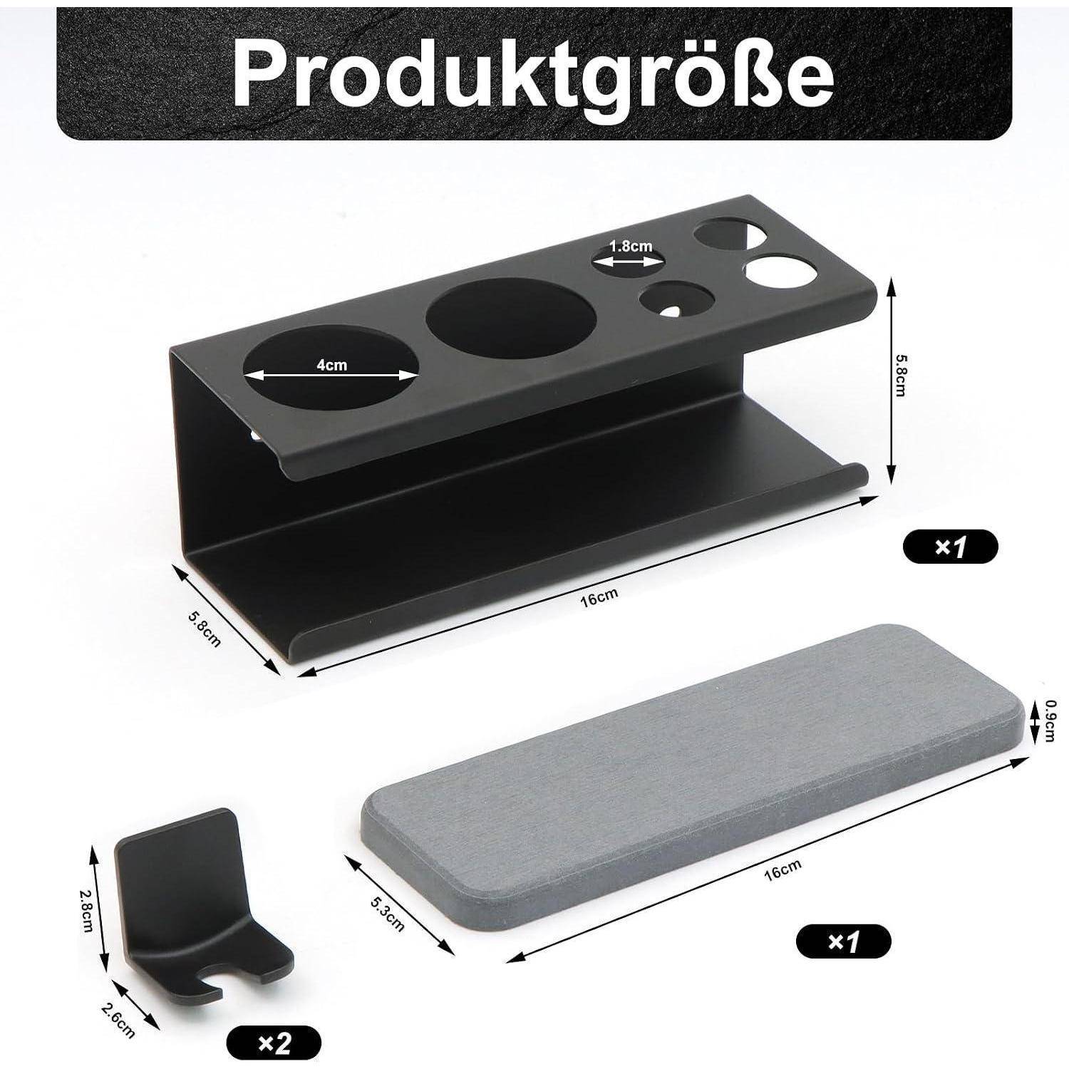 Produktgrößendiagramm mit schwarzem Ständer, grauem Kissen und zwei kleinen Halterungen mit beschrifteten Abmessungen und Mengenangaben.