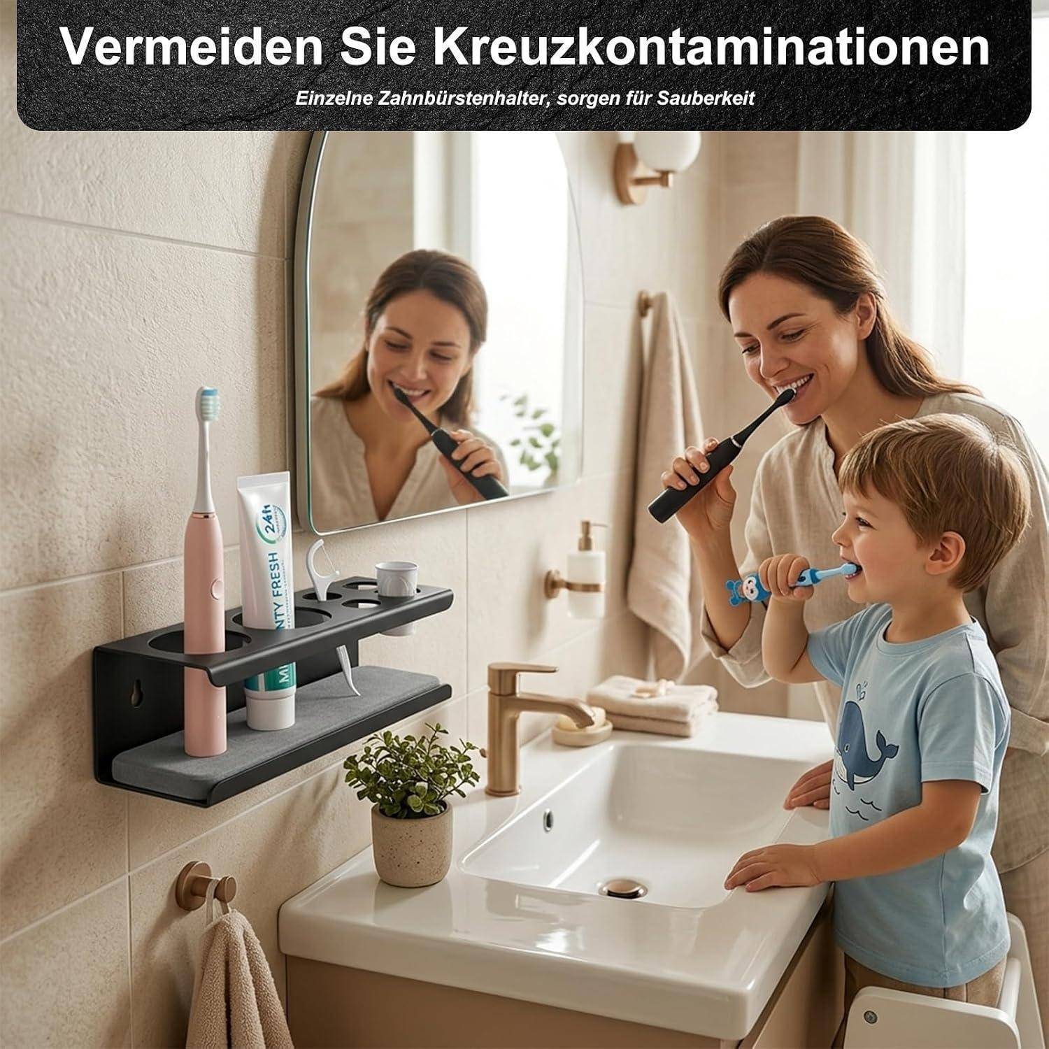 Mutter und Kind putzen sich die Zähne an einem Badezimmerbecken neben separaten Zahnbürstenhaltern unter dem Text „Vermeiden Sie Kreuzkontaminationen