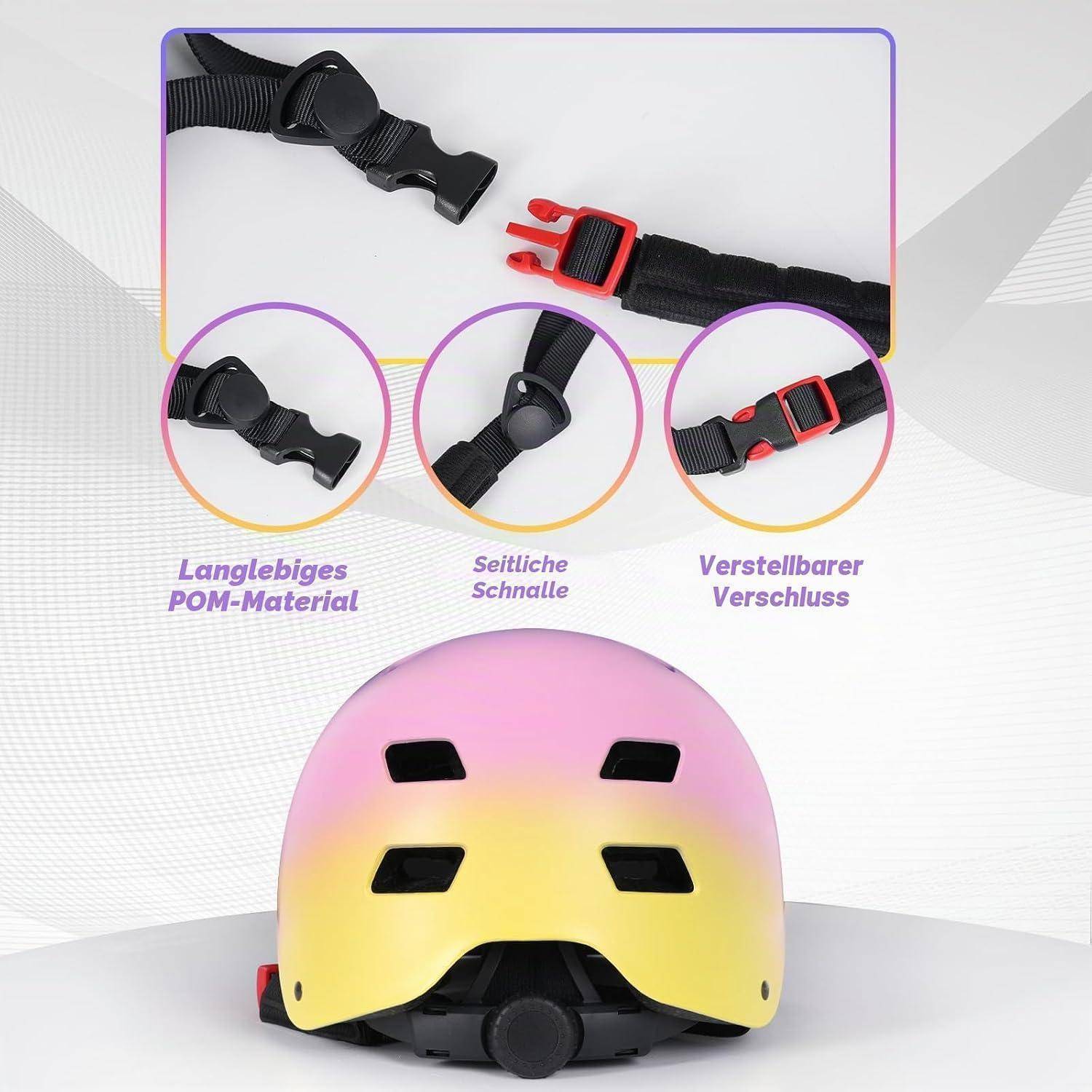 Infografik mit verstellbarem Helmriemen und Schnalle mit Nahaufnahmen sowie einem rosa-gelben Helm; deutsche Beschriftungen heben das langlebige POM-Material, die Seitenschnalle und den verstellbaren Verschluss hervor.