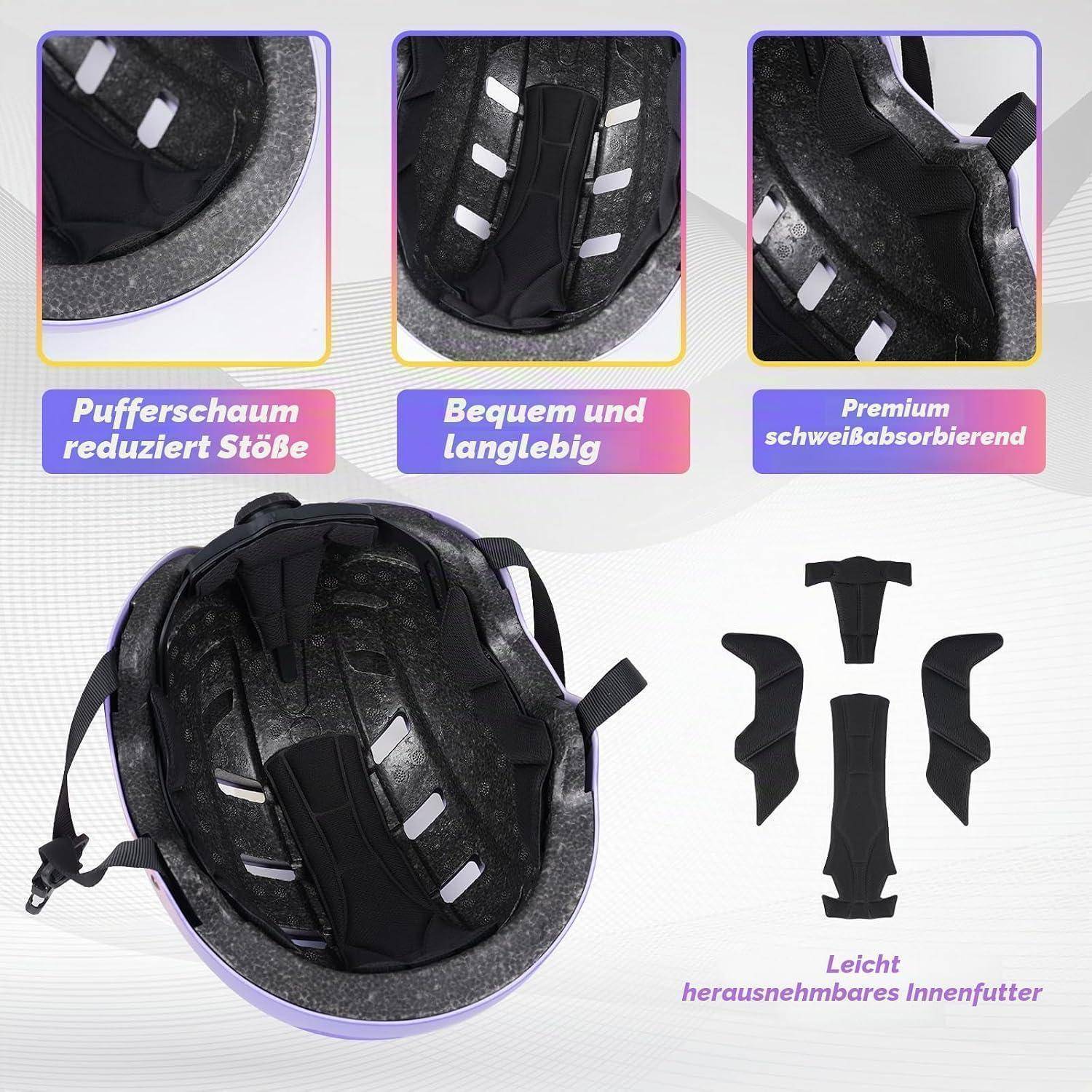 Angebot für einen schwarzen Helm mit abnehmbarem Innenfutter, mit Nahaufnahmen und Funktionen: Polsterung reduziert Aufprall, komfortabel, langlebig und schweißabsorbierend.