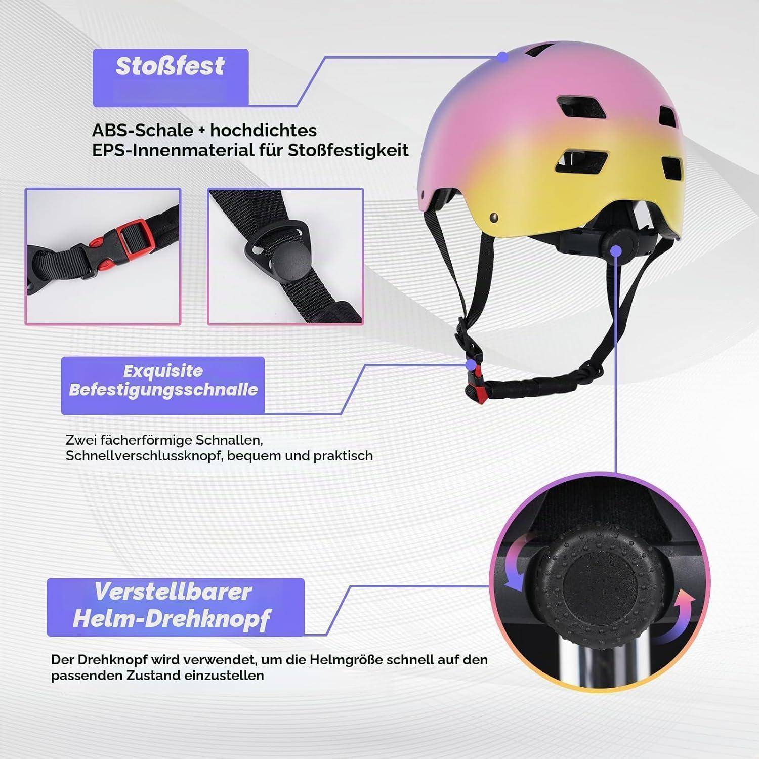 Werbediagramm eines farbigen Fahrradhelms mit Hervorhebung der ABS-Schale, EPS-Innenausstattung, verstellbarem Kinnriemen-Verschluss und hinterer Größenverstellung, mit deutschen Funktionsetiketten.