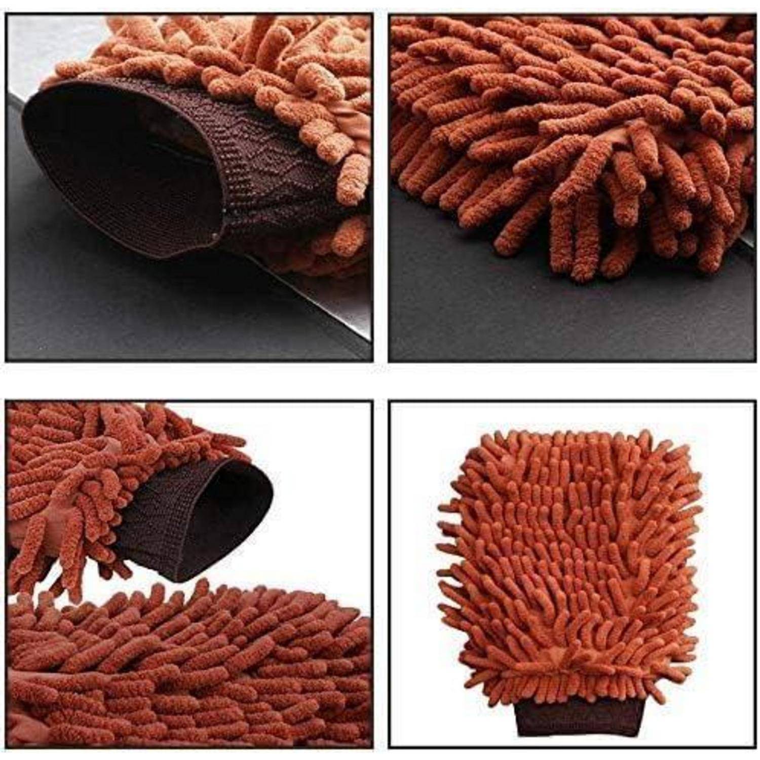 Vier Ansichten eines Mikrofaser-Chenille-Autowashmittels mit orangefarbenen nudelartigen Fasern und schwarzem Bündchen.