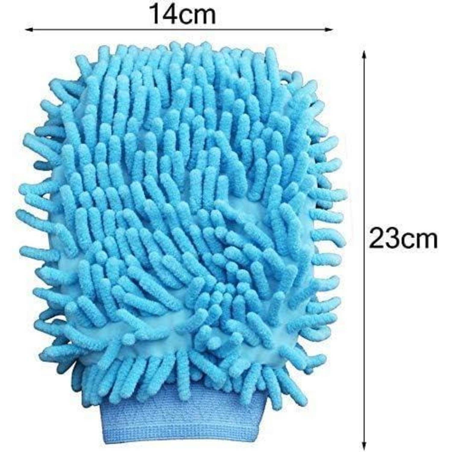 Blaue Mikrofaser-Reinigungsfäustling mit flauschiger Textur, gezeigt mit Größenangaben 14 cm breit und 23 cm lang.