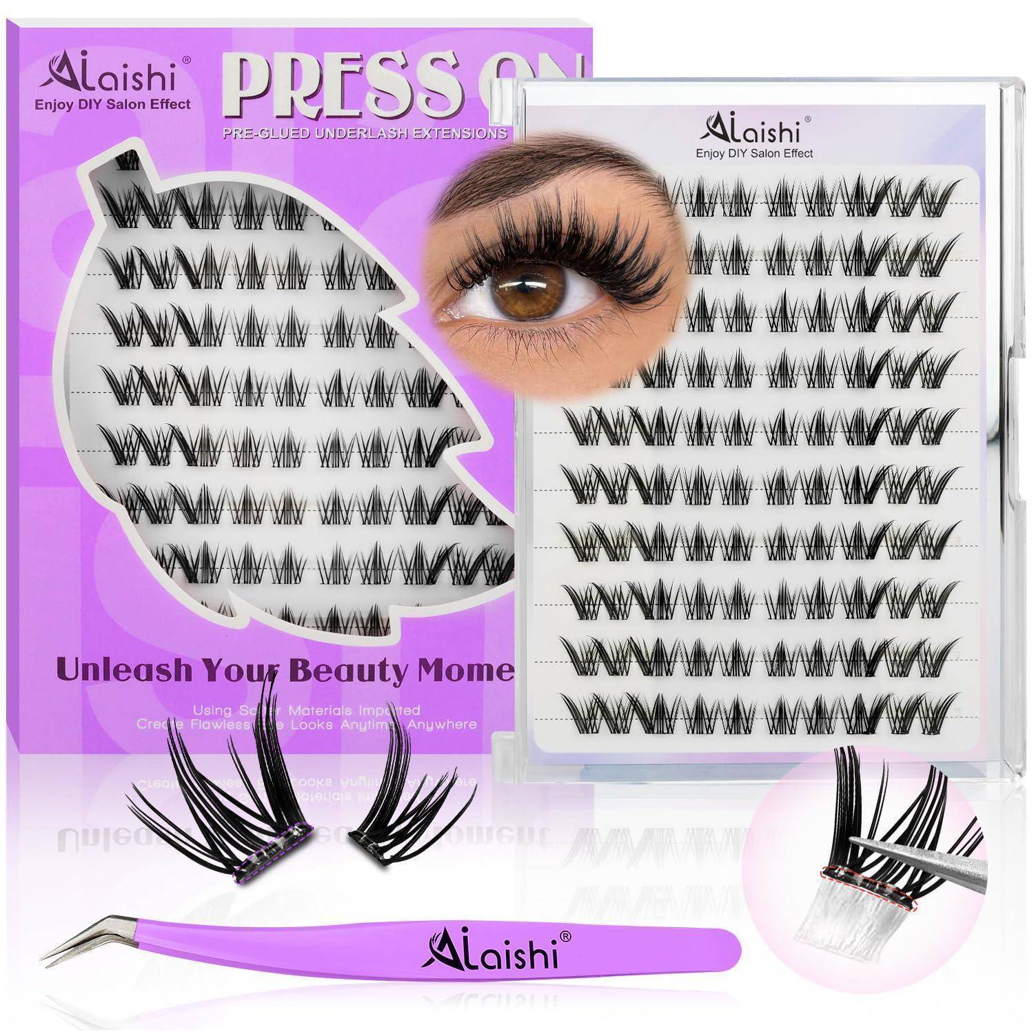 Ailishi DIY Salon Wimpernverlängerungen – Produktanzeige mit Press-on-Wimpernablösen, Applikator-Pinzetten und Nahaufnahme eines Auges mit langen künstlichen Wimpern.