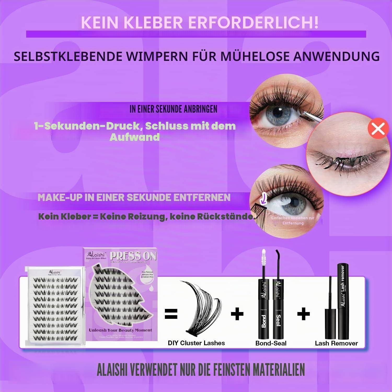 Selbstklebende künstliche Wimpern: 'Kein Kleber erforderlich' und 'in 1 Sekunde anbringen,' mit Nahaufnahmen von Augen und Wimpernproduktverpackung.